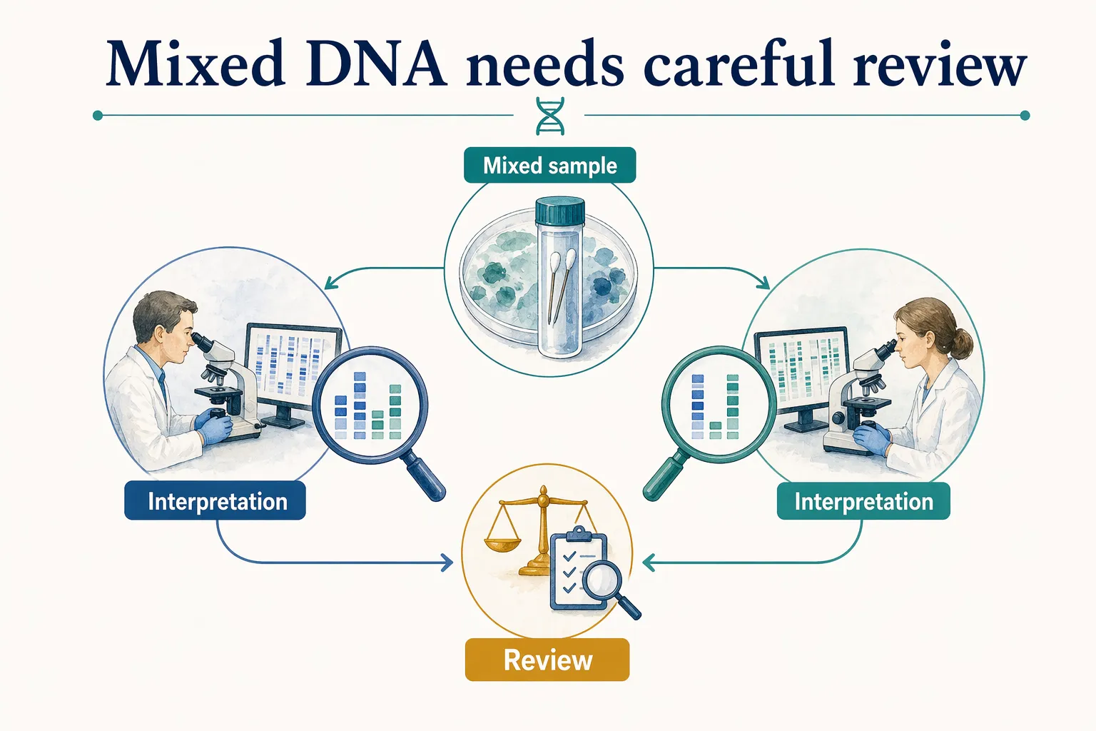 DNA evidence graphic showing mixed samples requiring interpretation and careful review.