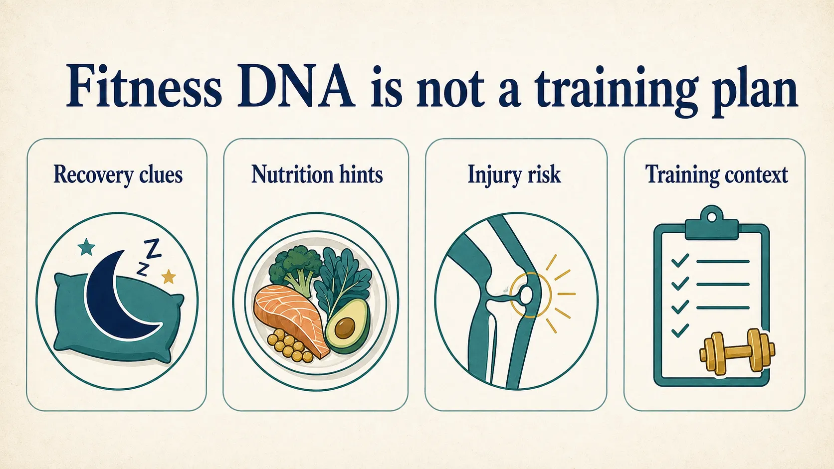 DNA fitness testing graphic showing recovery clues, nutrition hints, injury risk, and training context.