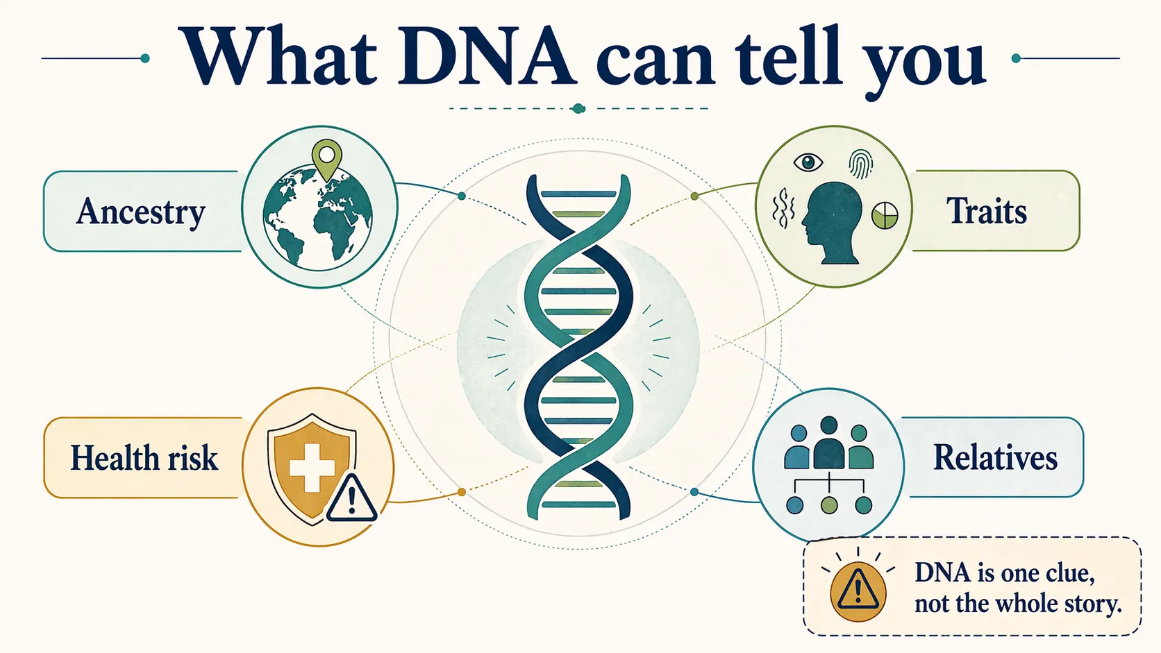 Infographic showing what DNA tests can tell you about ancestry, traits, health risk, and relatives while noting that DNA is one clue, not the whole story.