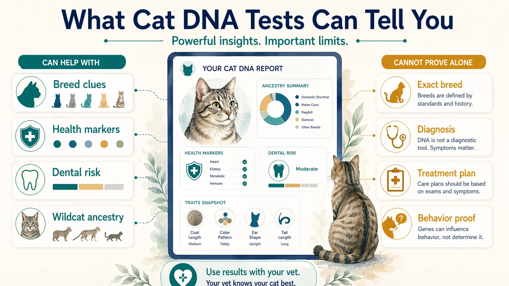 Cat DNA explainer showing what tests can help with, including breed clues and health markers, and what they cannot prove alone.