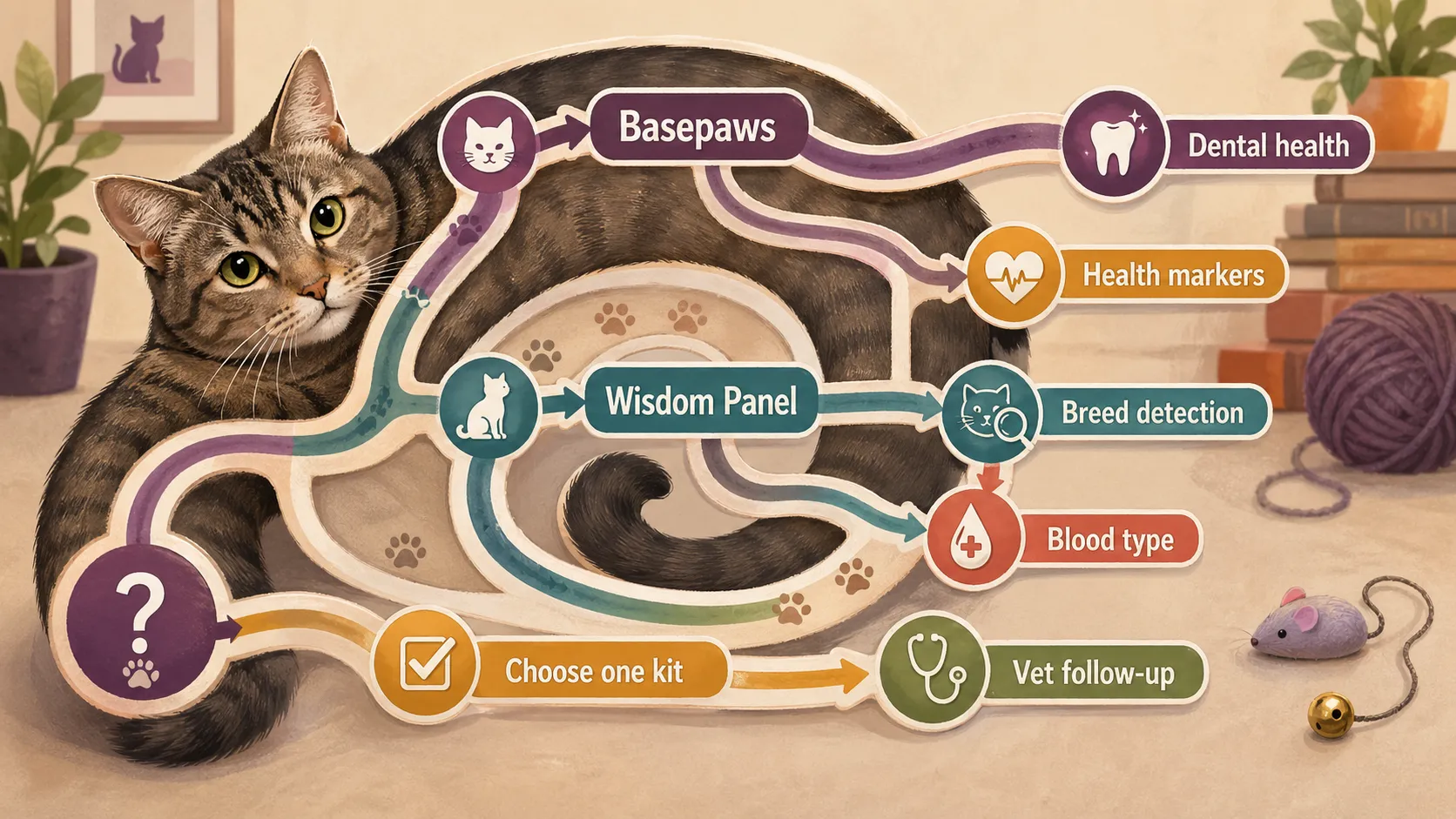 Cat DNA test decision maze showing Basepaws, Wisdom Panel, breed detection, dental health, blood type, health markers, one-kit choice, and vet follow-up.