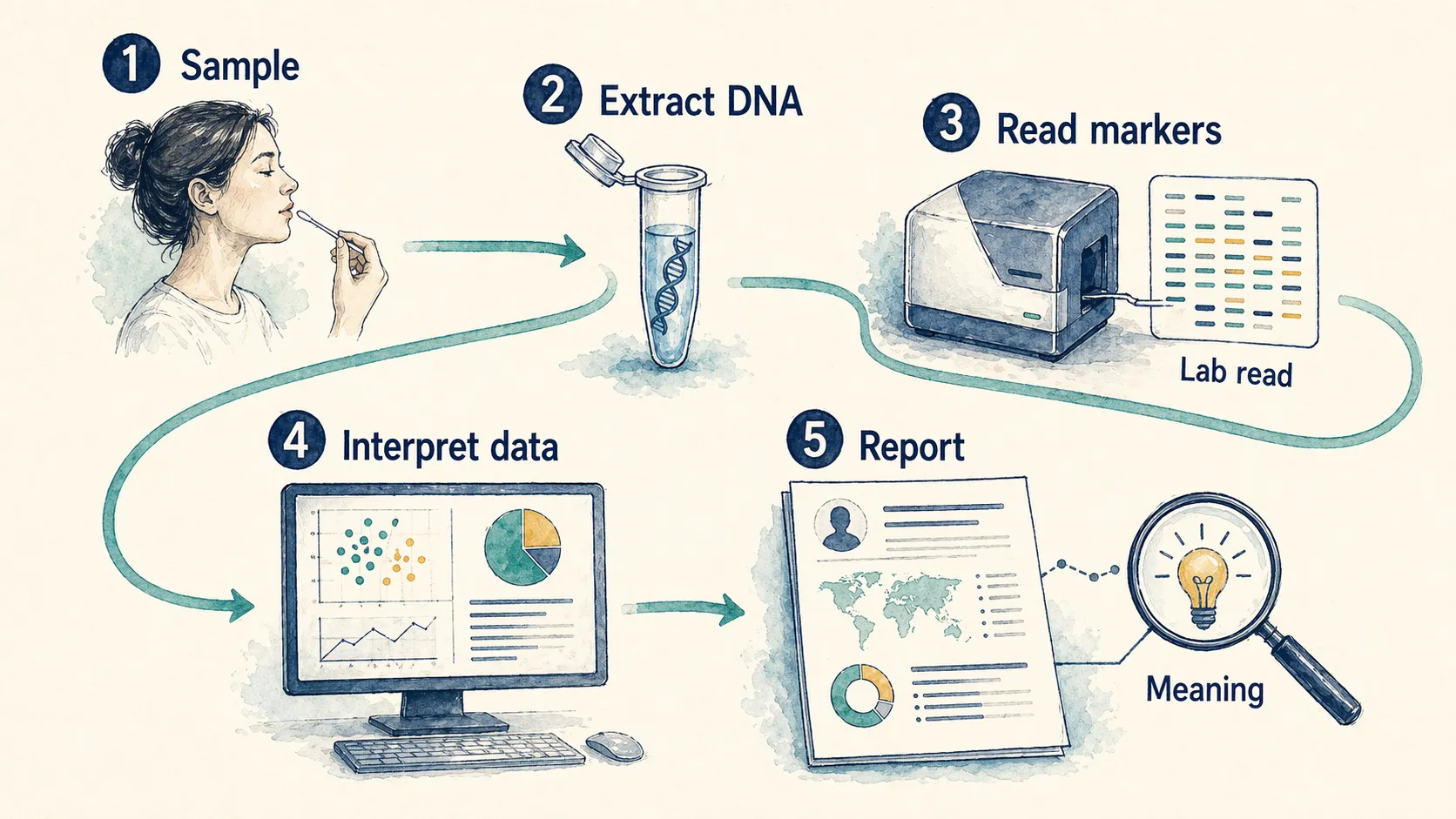 Five-step infographic showing how a DNA sample becomes a consumer report.