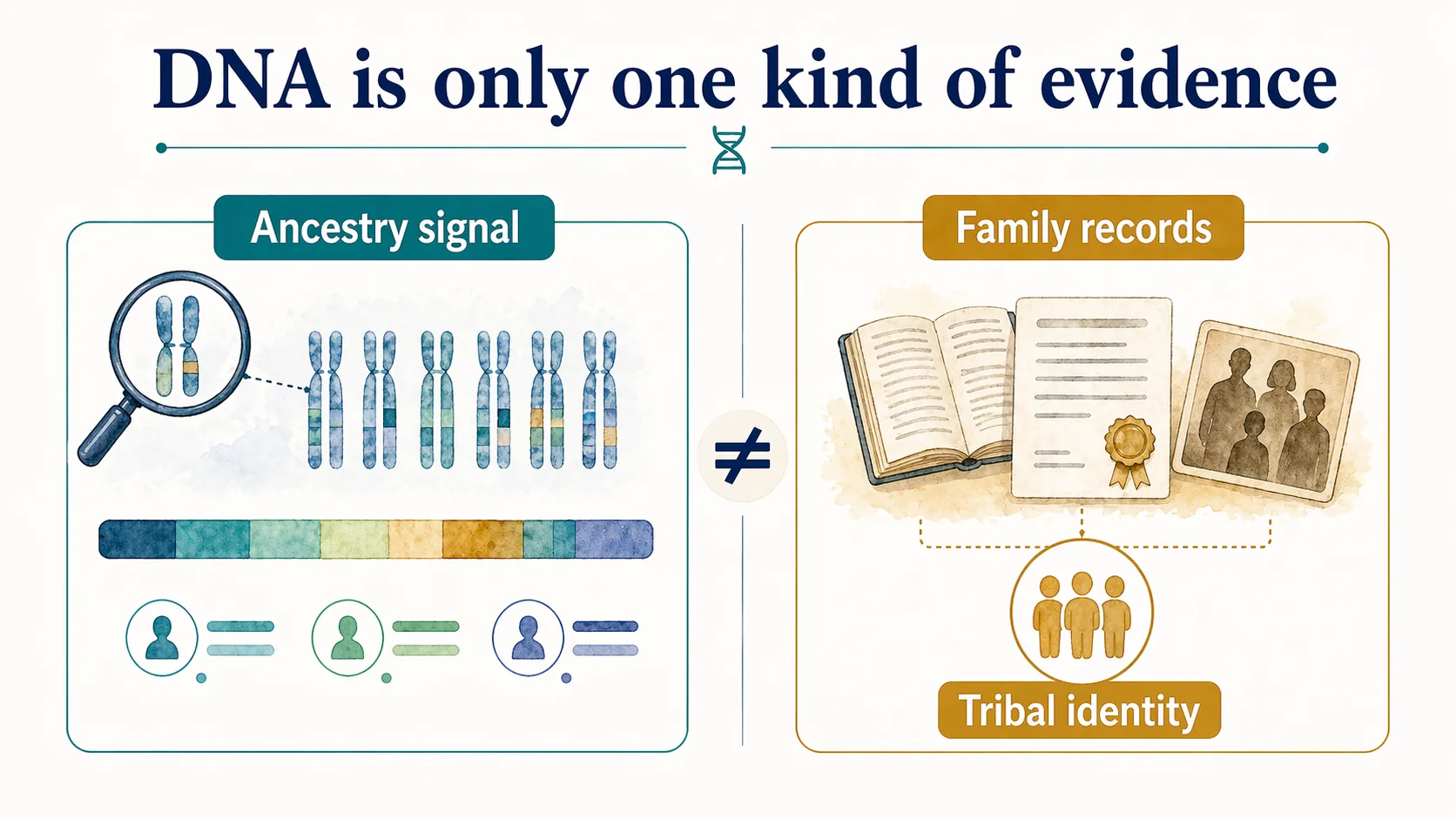 Graphic showing DNA ancestry signals as one kind of evidence alongside family records and tribal identity.