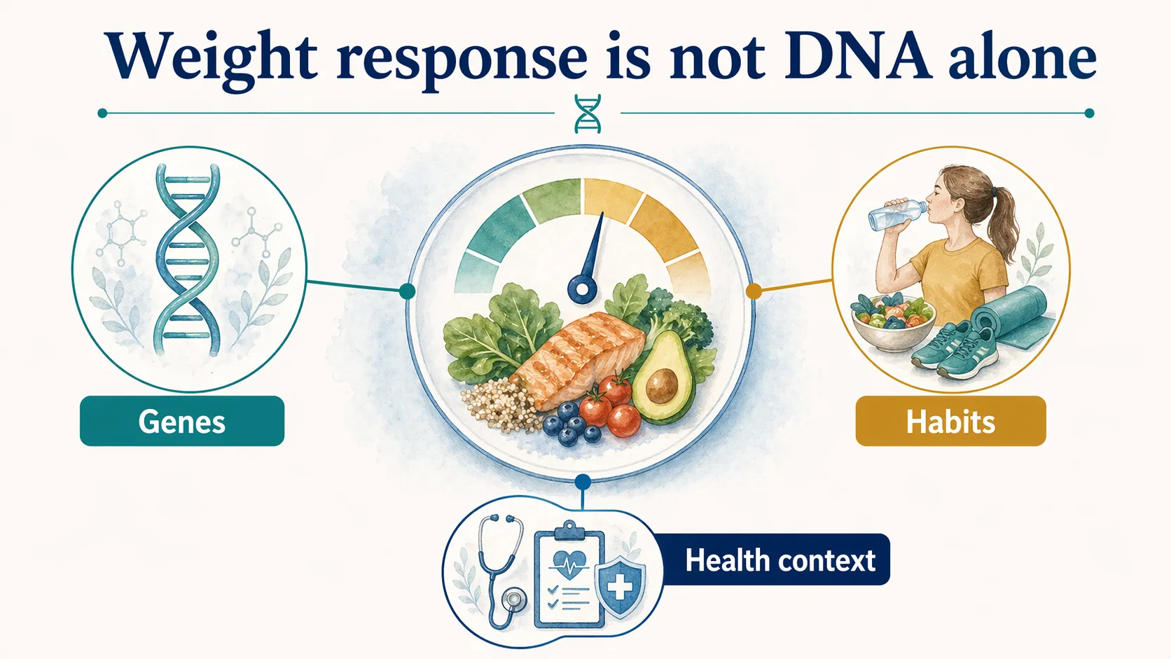 Weight response graphic showing genes, habits, and health context rather than DNA alone.
