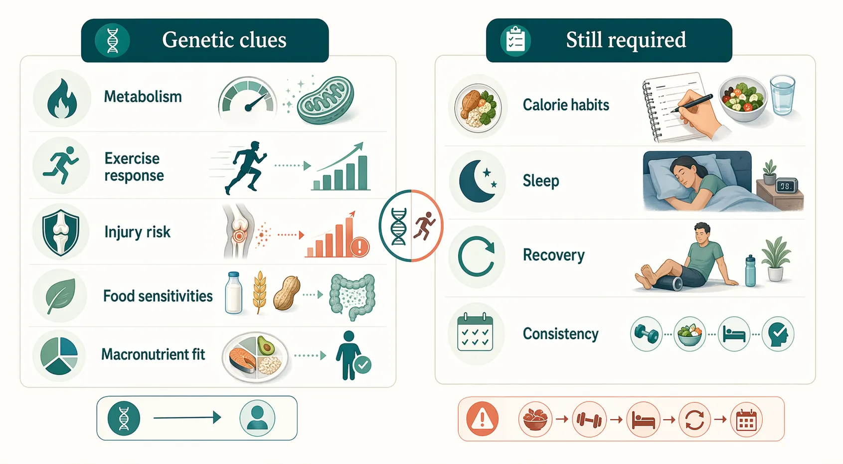 Factor board showing genetic clues for weight loss alongside habits like calories, sleep, recovery, and consistency.