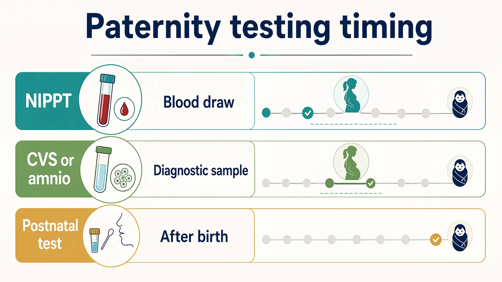 Infographic comparing paternity testing timing options during and after pregnancy, including NIPPT, CVS or amniocentesis, and postnatal testing.