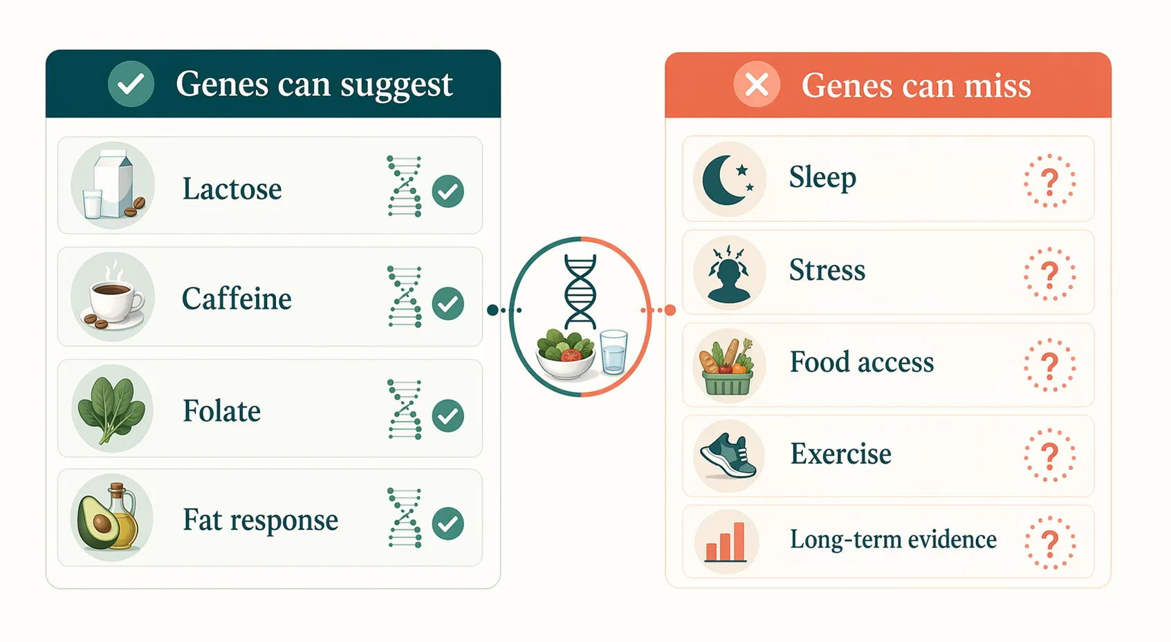Comparison showing what genes can suggest about diet and what genetics can miss, including sleep, stress, food access, exercise, and long-term evidence.