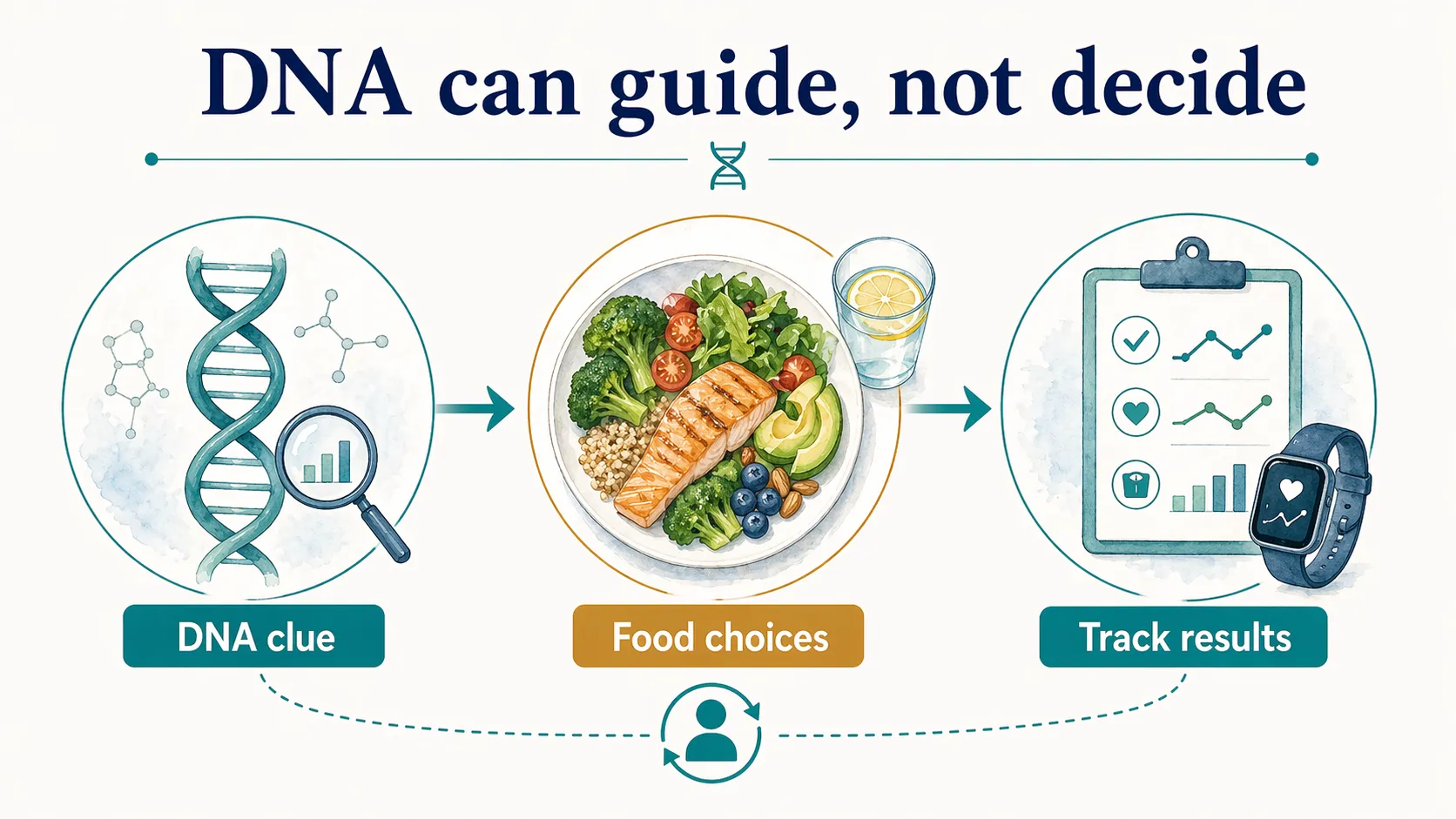 DNA diet graphic showing DNA clues guiding food choices and tracking results.