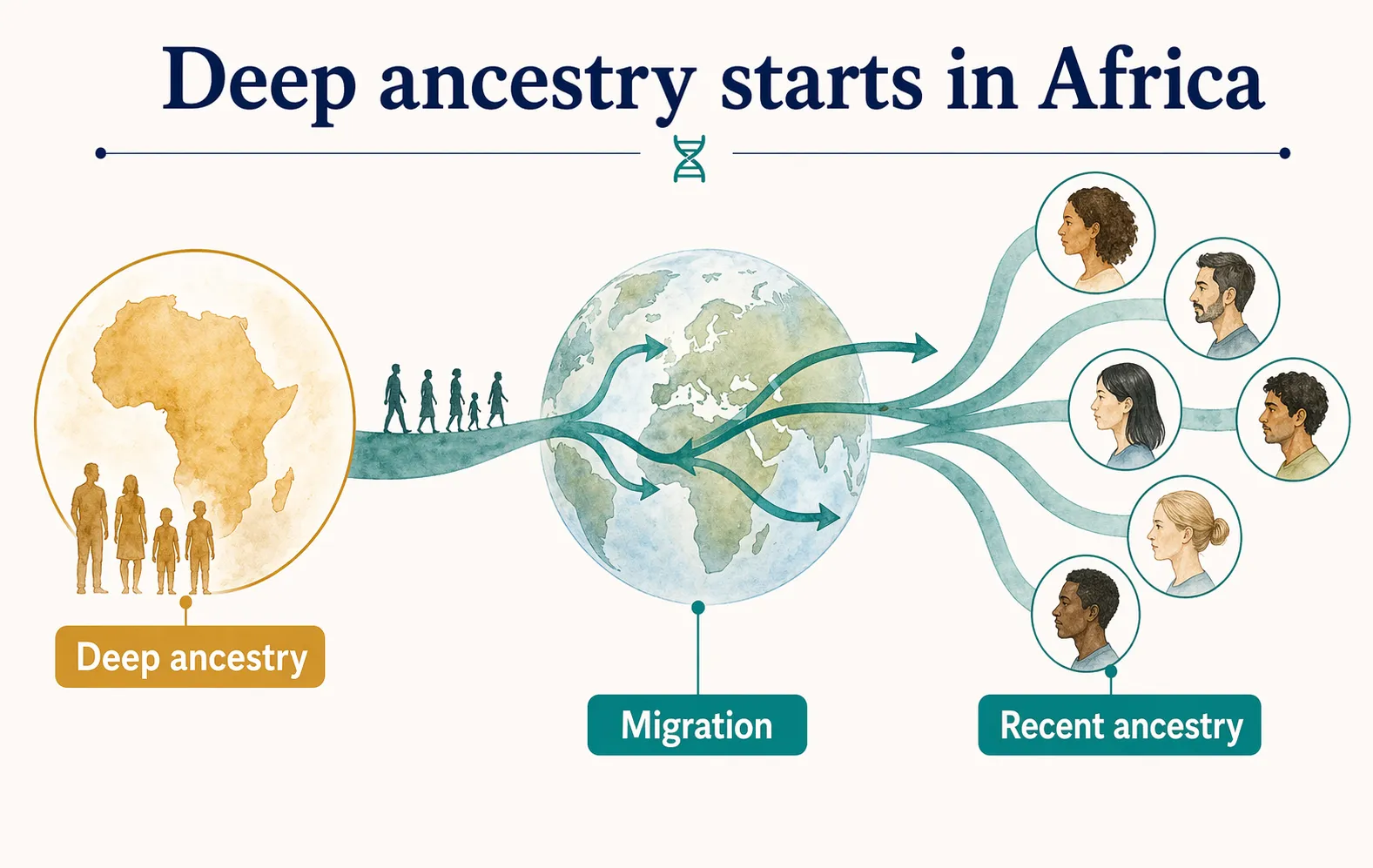 Deep ancestry graphic showing human origins in Africa, migration, and recent ancestry as different layers.