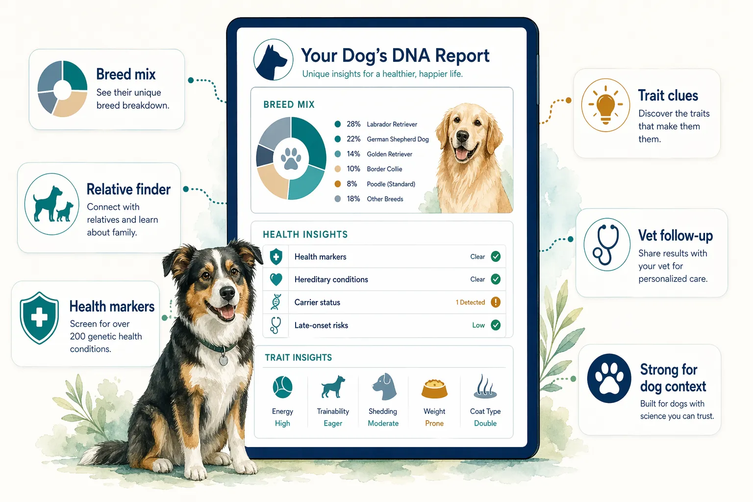 Dog DNA report illustration showing breed mix, relative finder, health markers, traits, and veterinary follow-up.