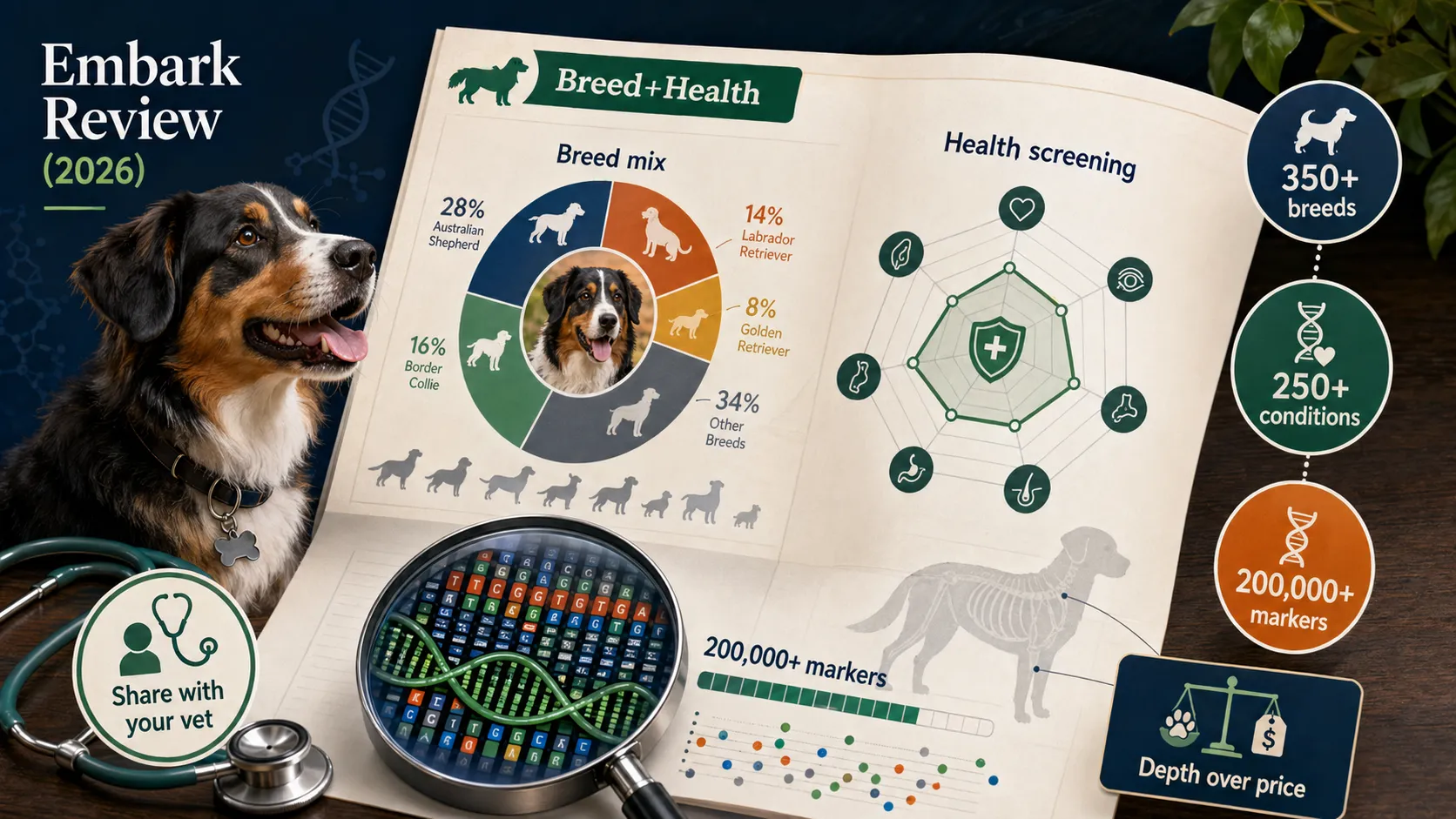 Embark report anatomy showing Breed and Health, breed mix, health screening, marker depth, vet sharing, and depth-over-price positioning.