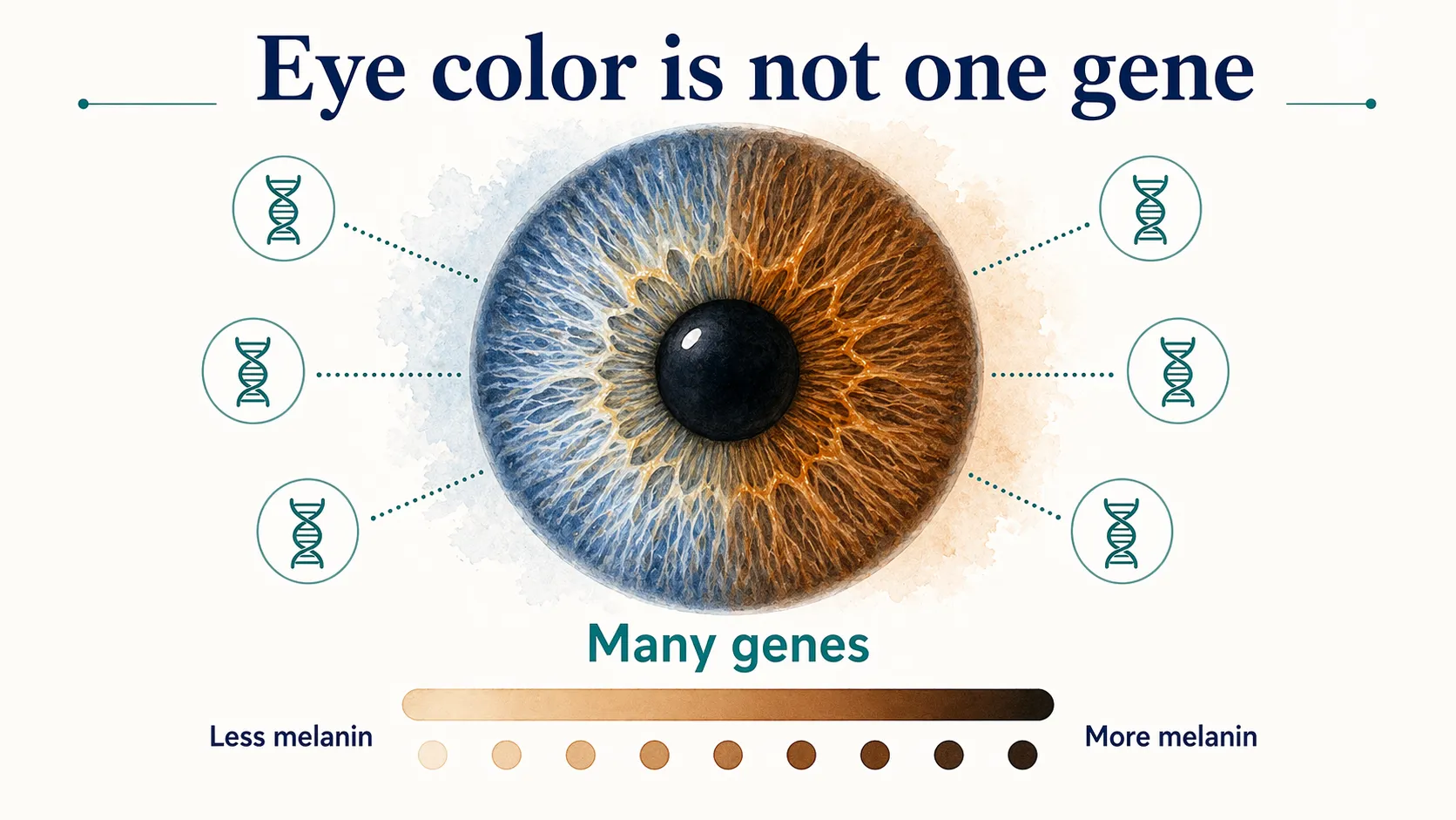 Eye color graphic showing melanin level and many genes influencing visible eye color.