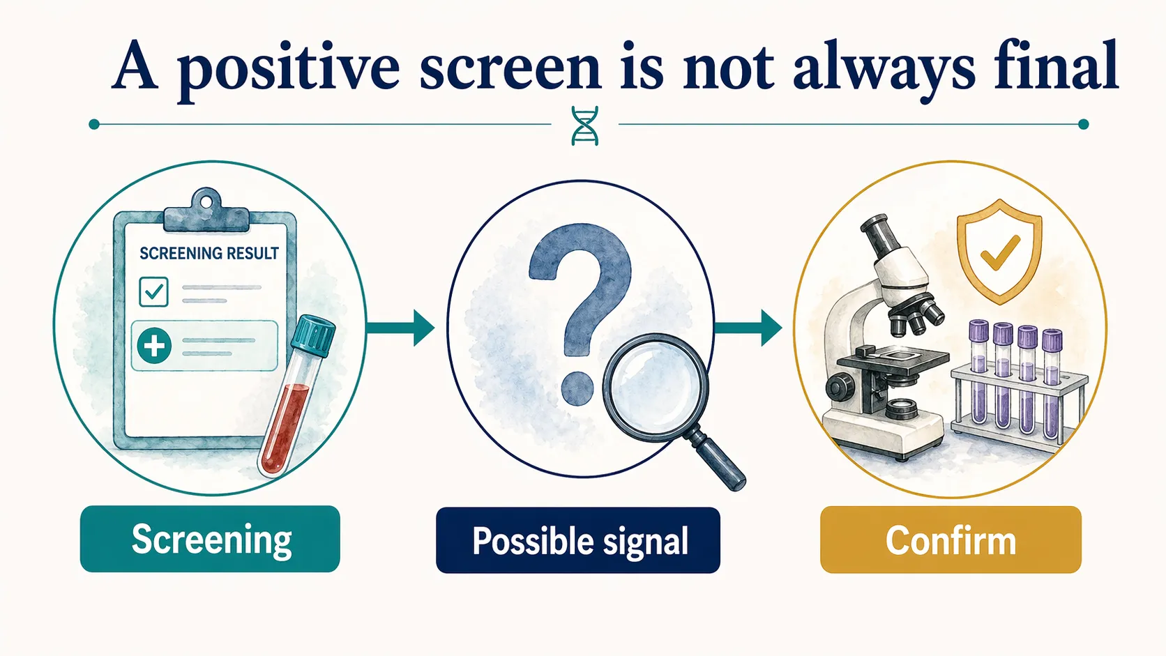 False positive genetic testing graphic showing screening, possible signal, and confirmation.