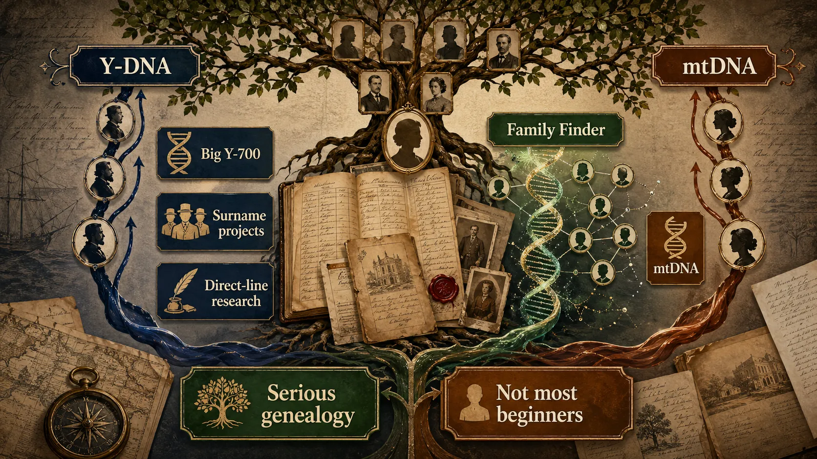 FamilyTreeDNA lineage pathways showing Family Finder, Y-DNA, mtDNA, Big Y-700, surname projects, direct-line research, and serious genealogy use cases.