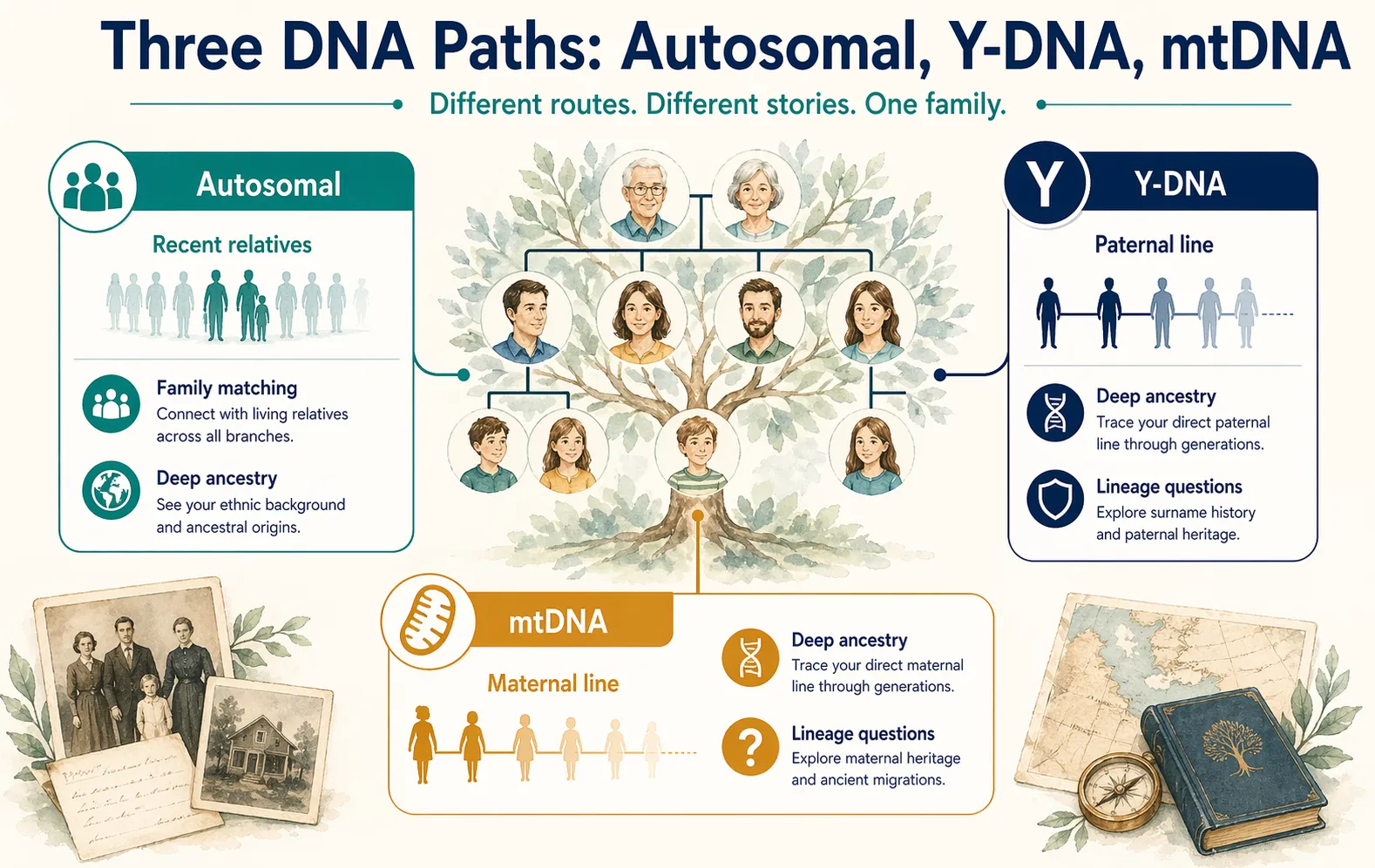 Family tree explainer showing three DNA paths: autosomal DNA, Y-DNA, and mitochondrial DNA.