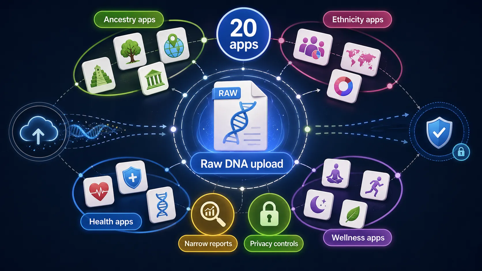 GenePlaza app orbit showing raw DNA upload, ancestry apps, ethnicity apps, health apps, wellness apps, narrow reports, and privacy controls.