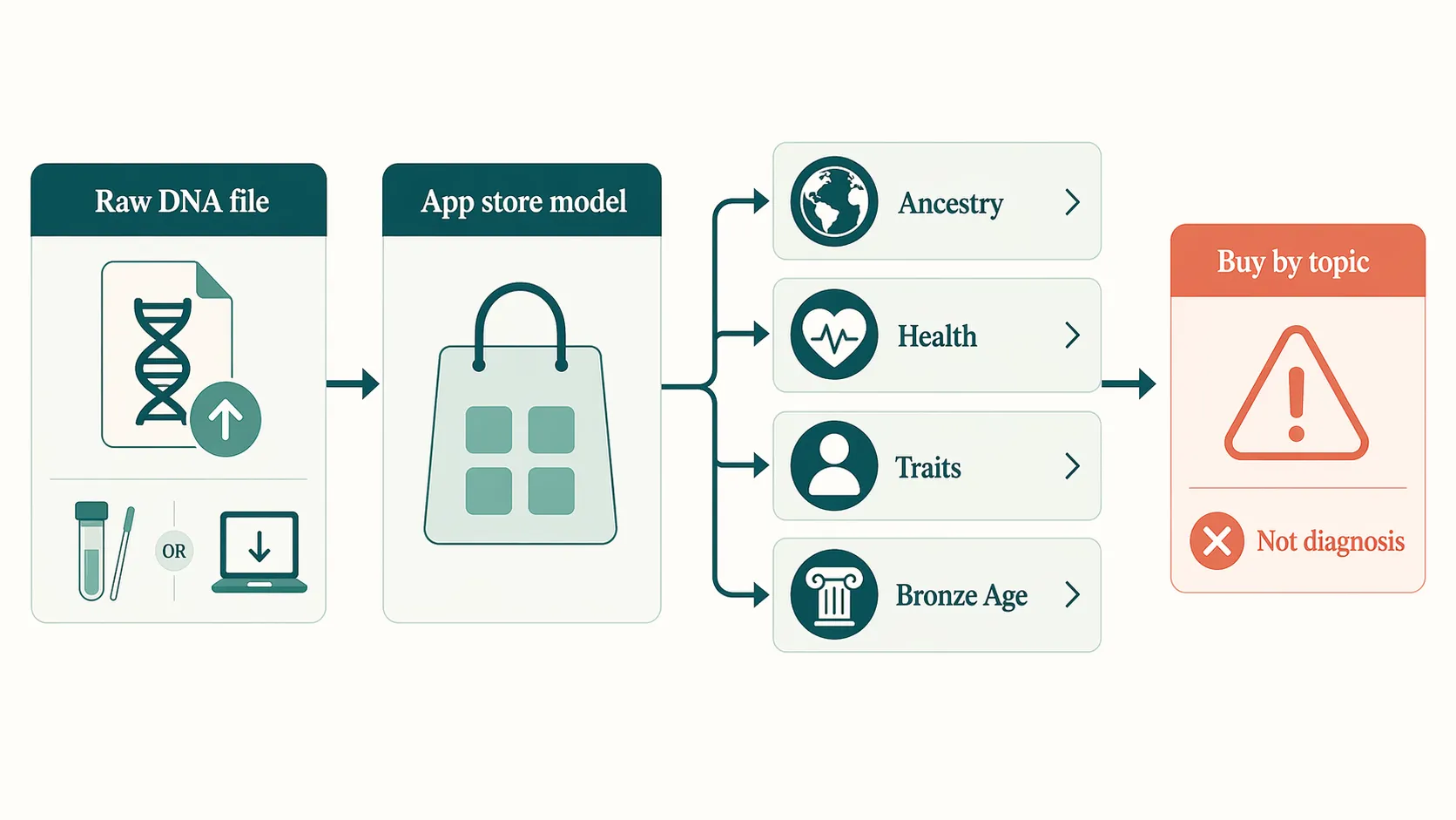 Workflow showing GenePlaza as a raw DNA app store model with ancestry, health, traits, and Bronze Age reports bought by topic.