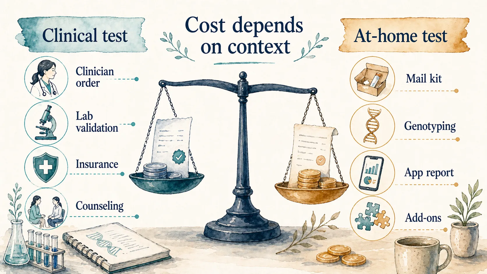 Cost-driver infographic comparing clinical genetic testing and at-home DNA testing without listing prices.