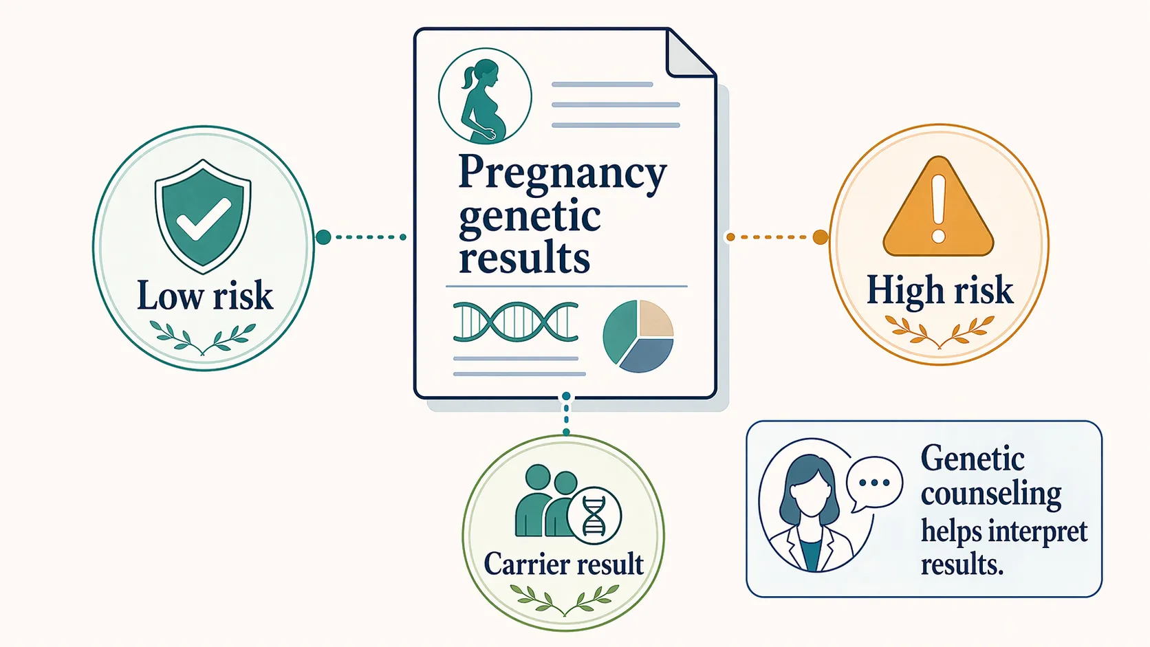 Infographic showing pregnancy genetic result categories such as low risk, high risk, and carrier result, with genetic counseling support.