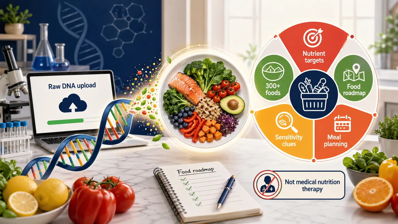 GenoPalate nutrition roadmap showing raw DNA upload, nutrient targets, food scoring, sensitivity clues, meal planning, and the limits of DNA-based nutrition.