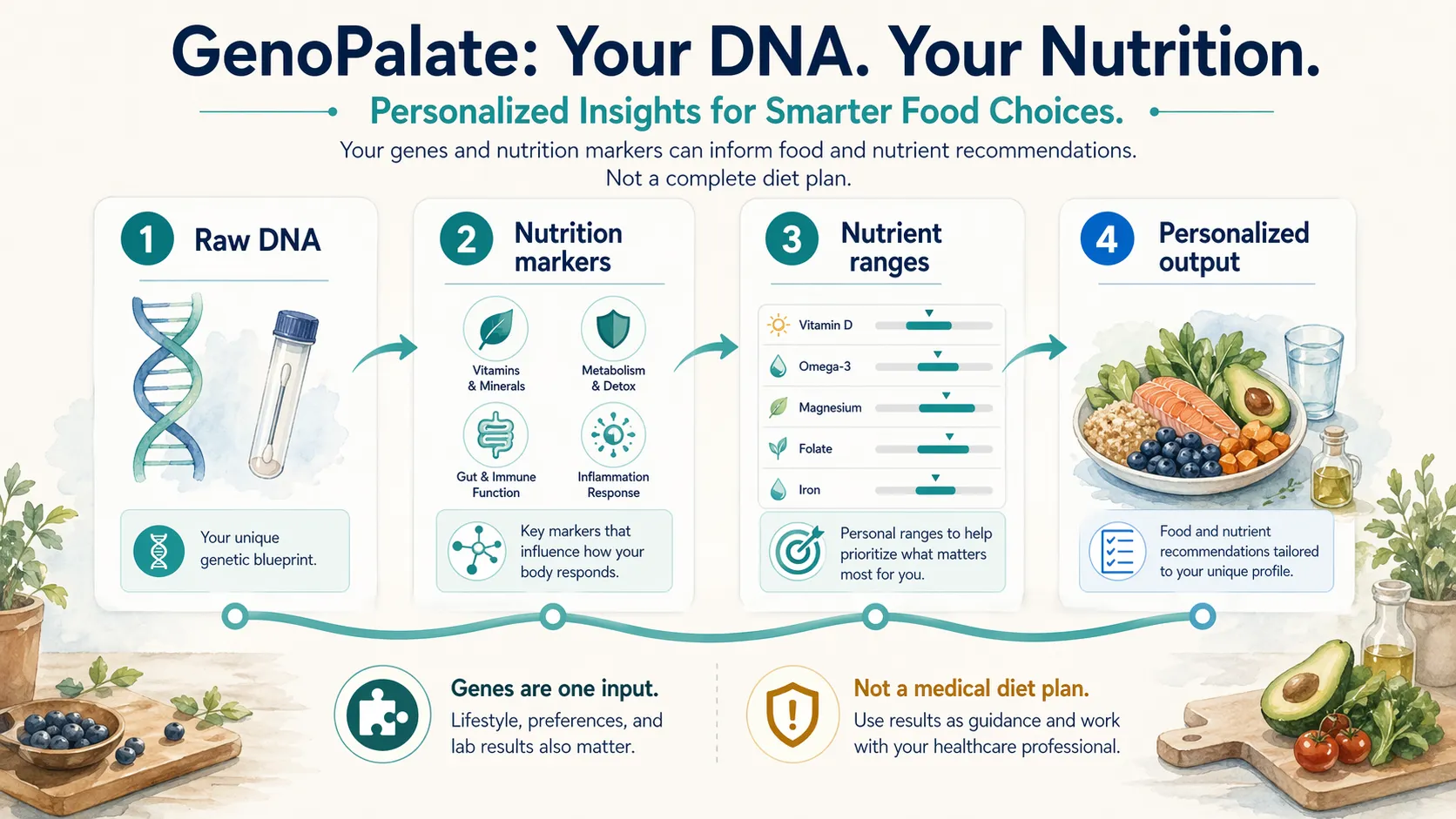 Nutrition DNA workflow showing raw DNA, nutrition markers, nutrient ranges, and personalized output.