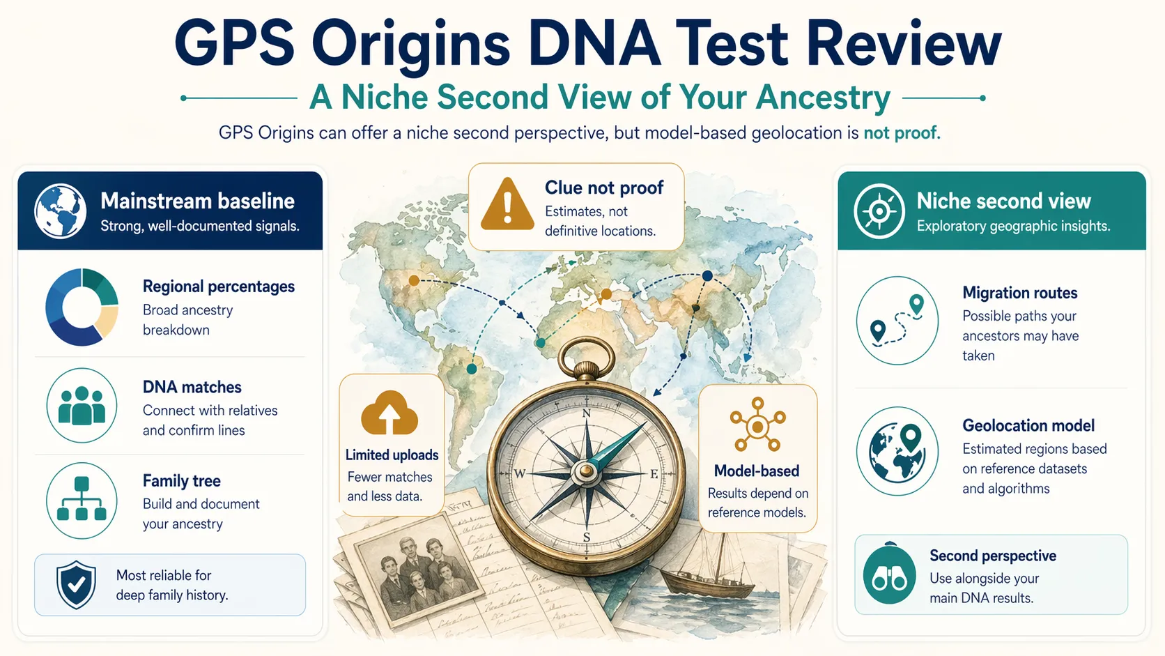 Map and compass explainer showing GPS Origins as a niche second view with model-based migration interpretation.
