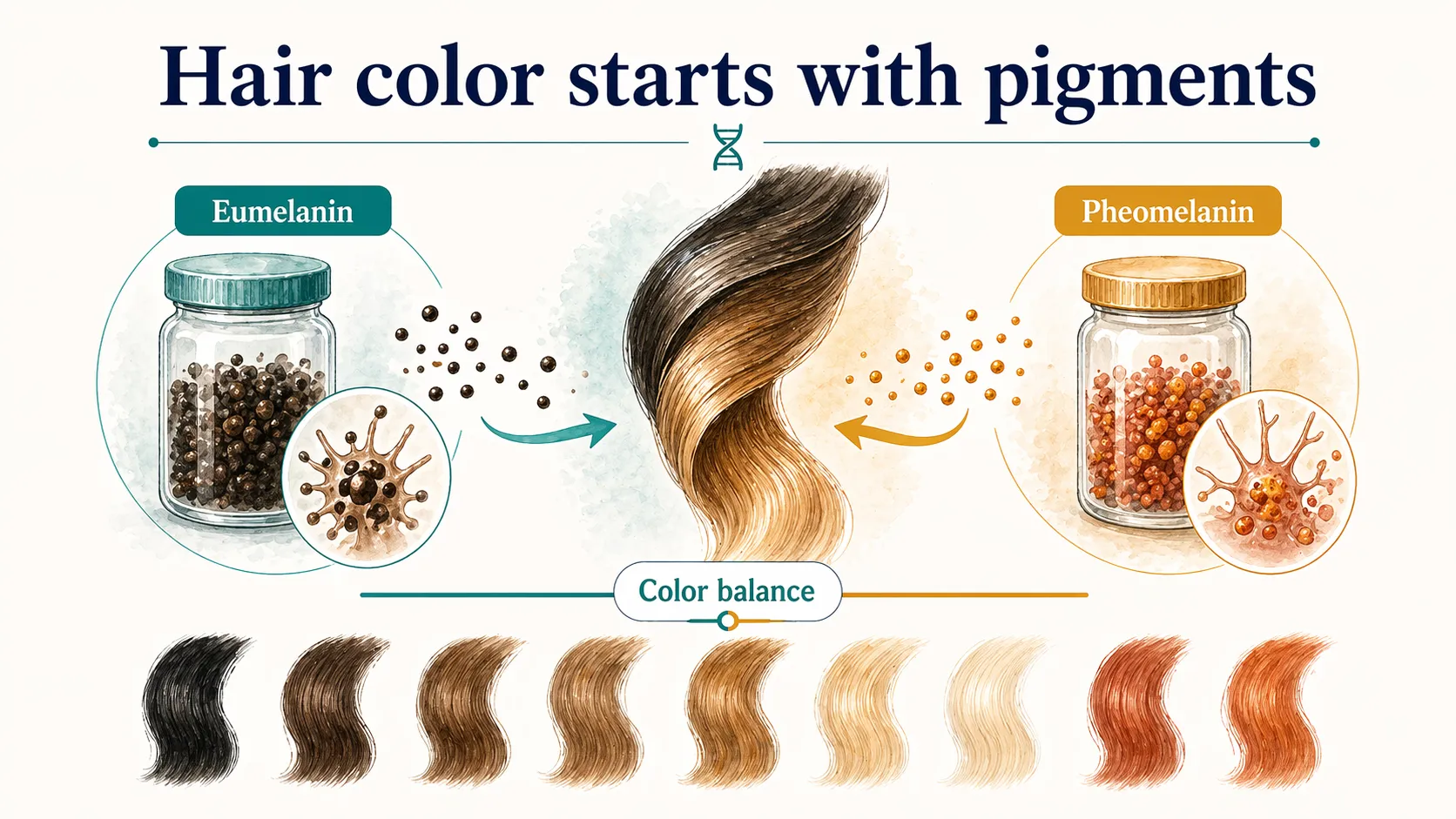 Hair color graphic showing eumelanin and pheomelanin combining into a pigment balance.