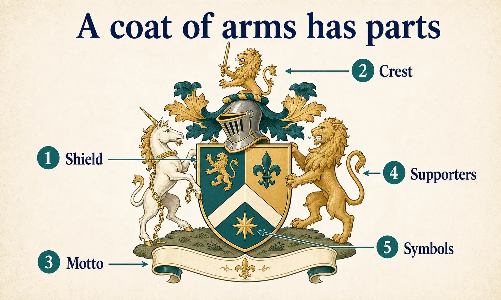Heraldry graphic labeling the shield, crest, motto, supporters, and symbols of a coat of arms.