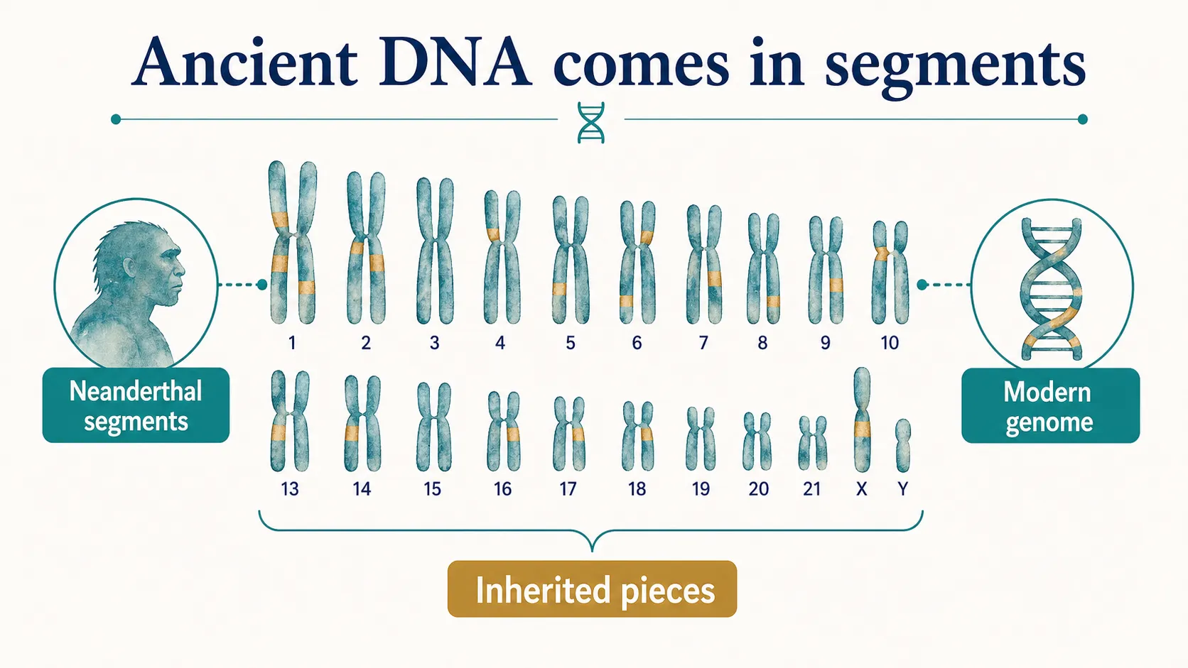 Neanderthal DNA graphic showing ancient inherited DNA as small segments in a modern genome.