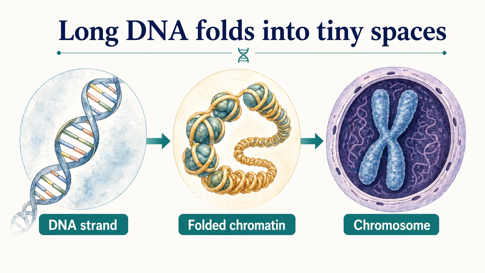 DNA folding graphic showing a long DNA strand folding into chromatin and chromosomes.