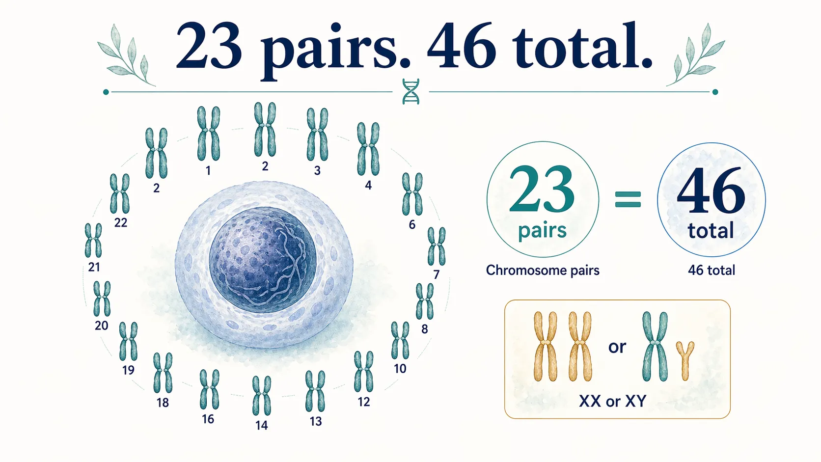 Human chromosome graphic showing 23 pairs and 46 total chromosomes, including XX or XY sex chromosomes.