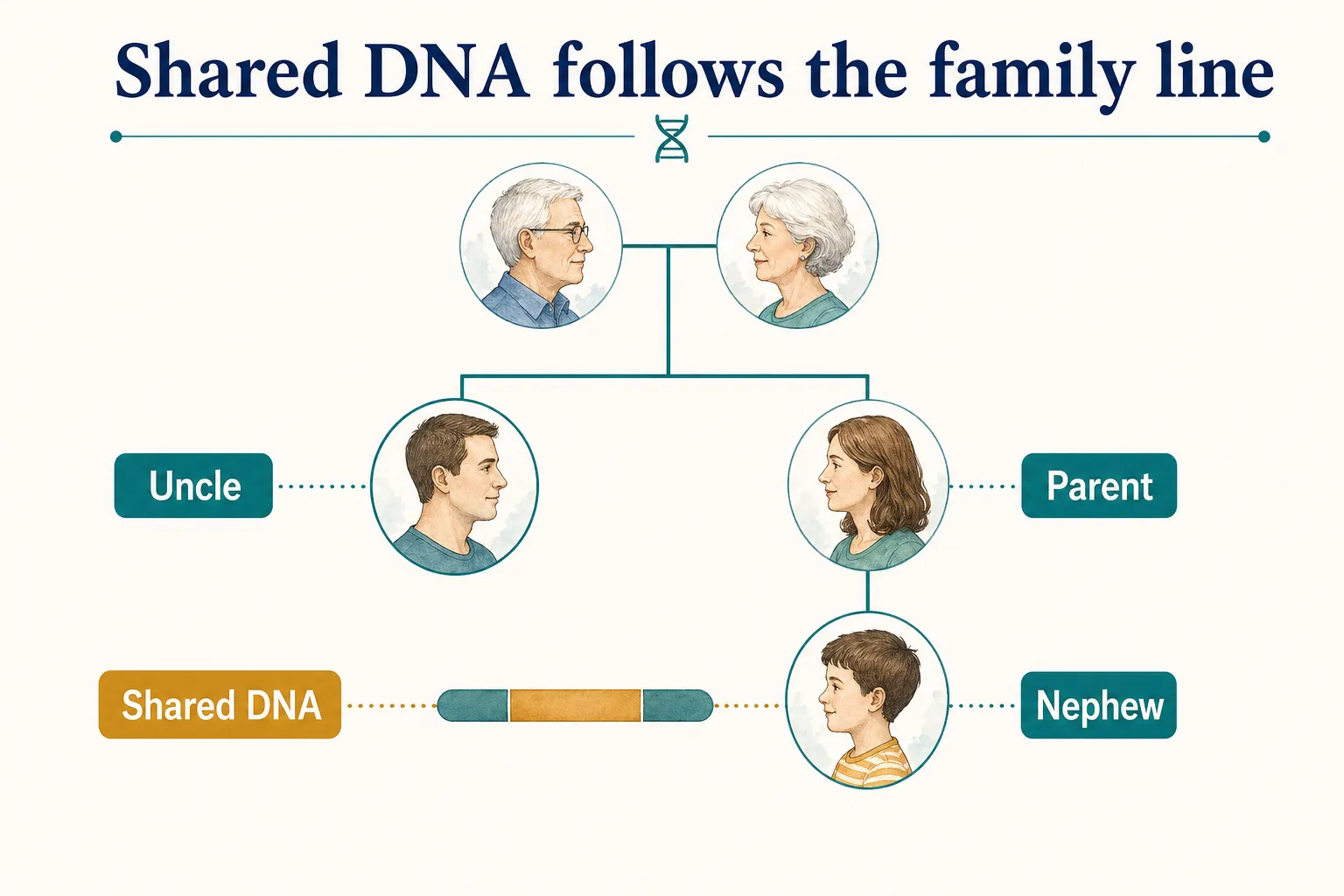 Uncle and nephew DNA graphic showing shared DNA following the family line through the parent.
