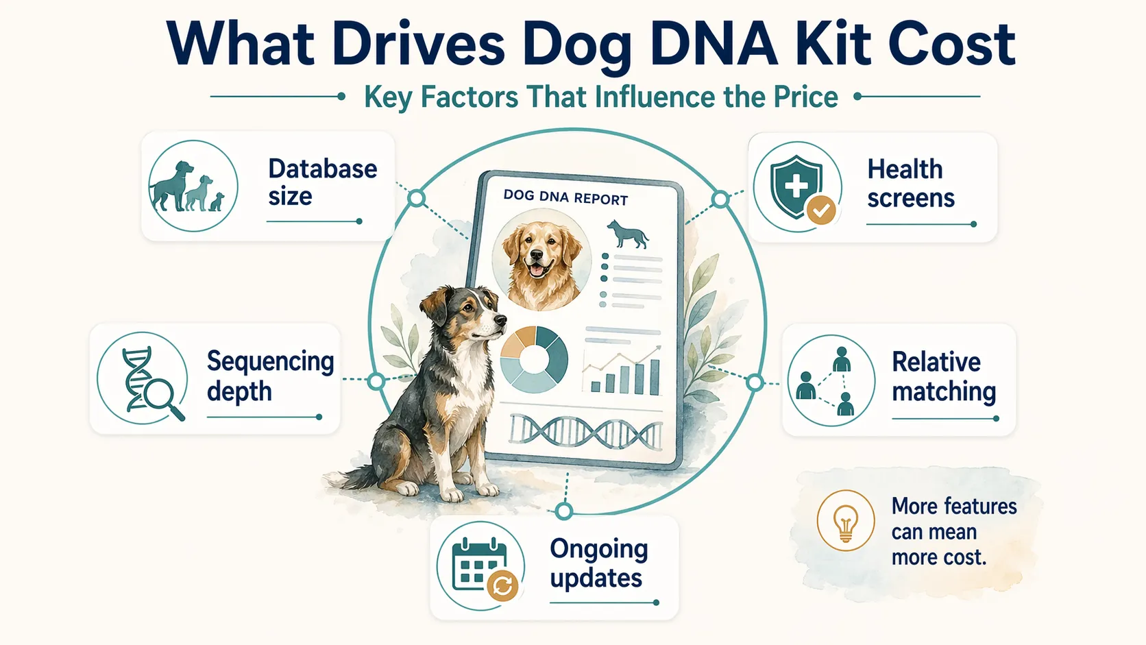 Dog DNA report explainer showing cost drivers such as database size, health screens, sequencing depth, relative matching, and updates.