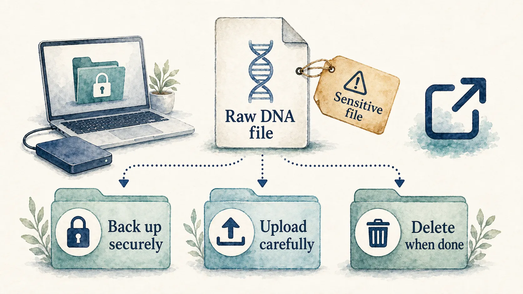 Raw DNA file infographic showing secure backup, careful uploads, and deletion when finished.
