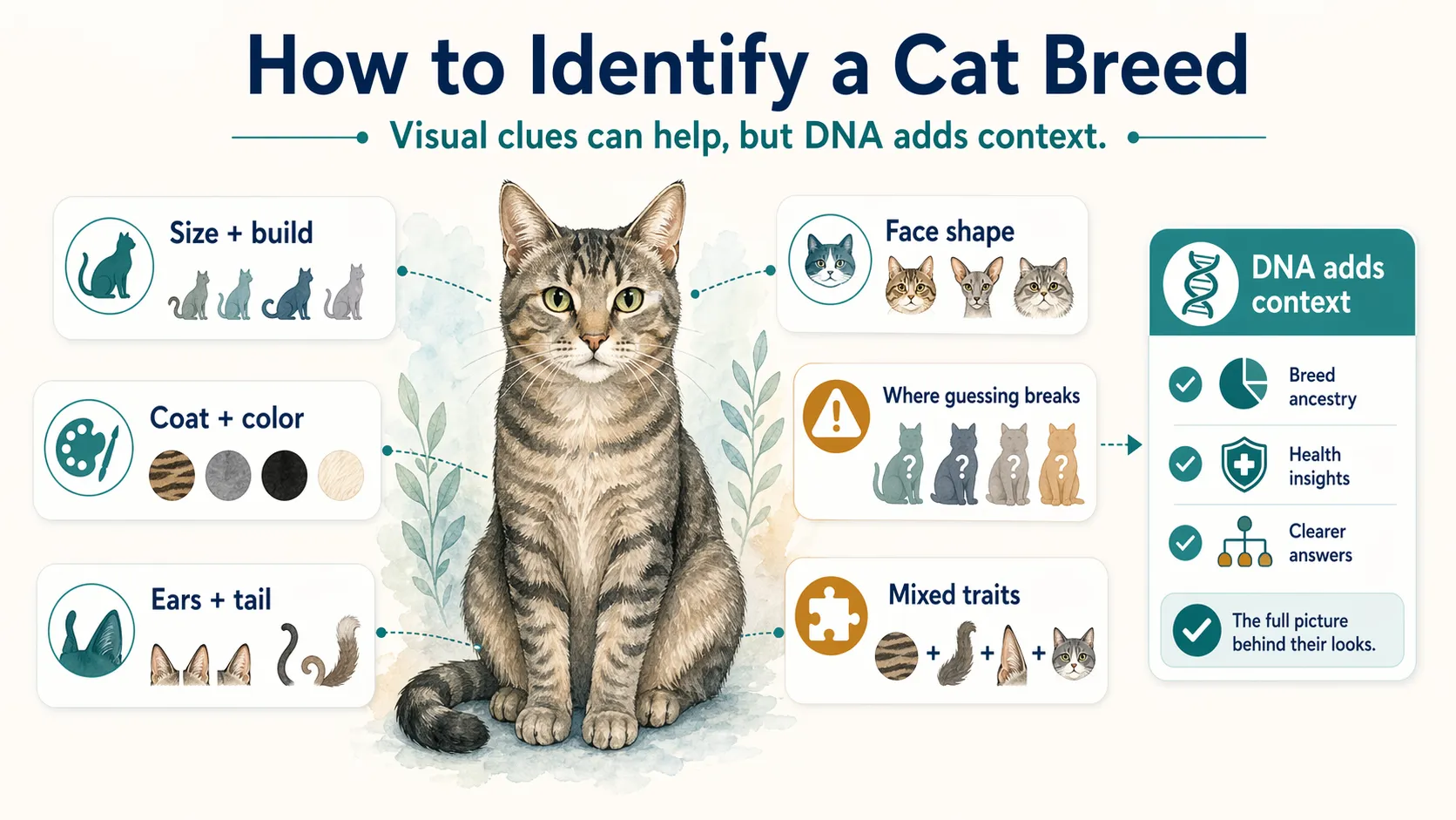 Cat breed explainer showing visual clues such as size, coat, ears, tail, and where DNA adds context.