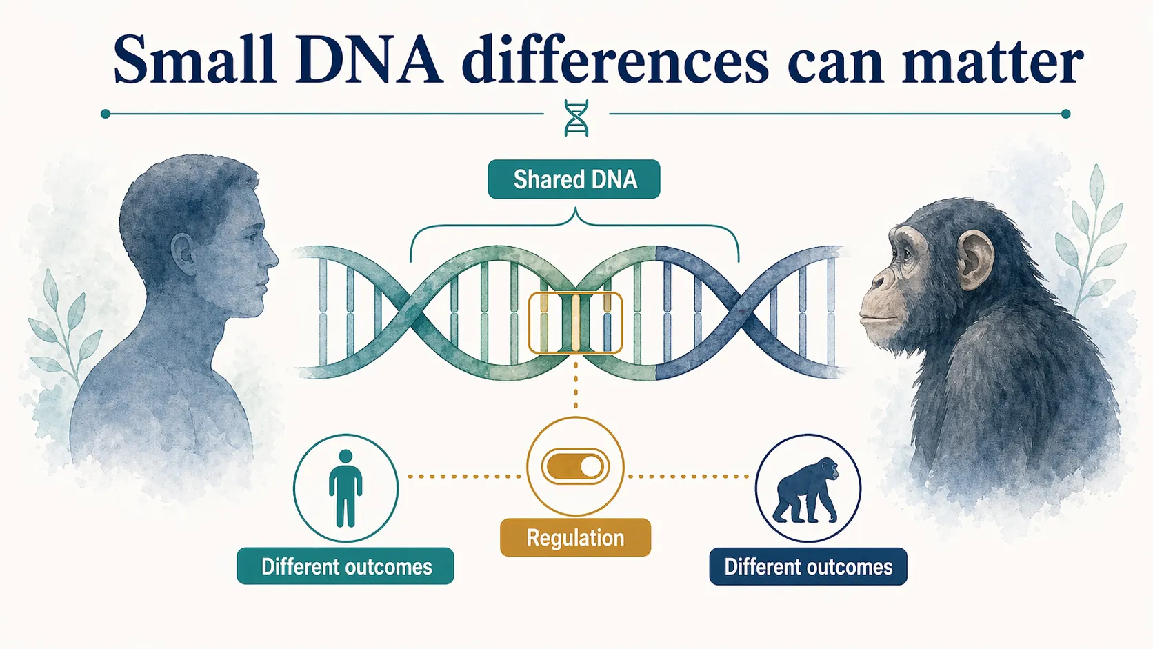 Human and chimpanzee DNA graphic showing shared DNA, regulation, and different outcomes.