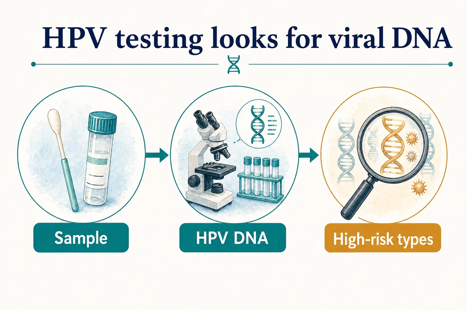 HPV DNA test graphic showing a sample tested for viral DNA from high-risk HPV types.