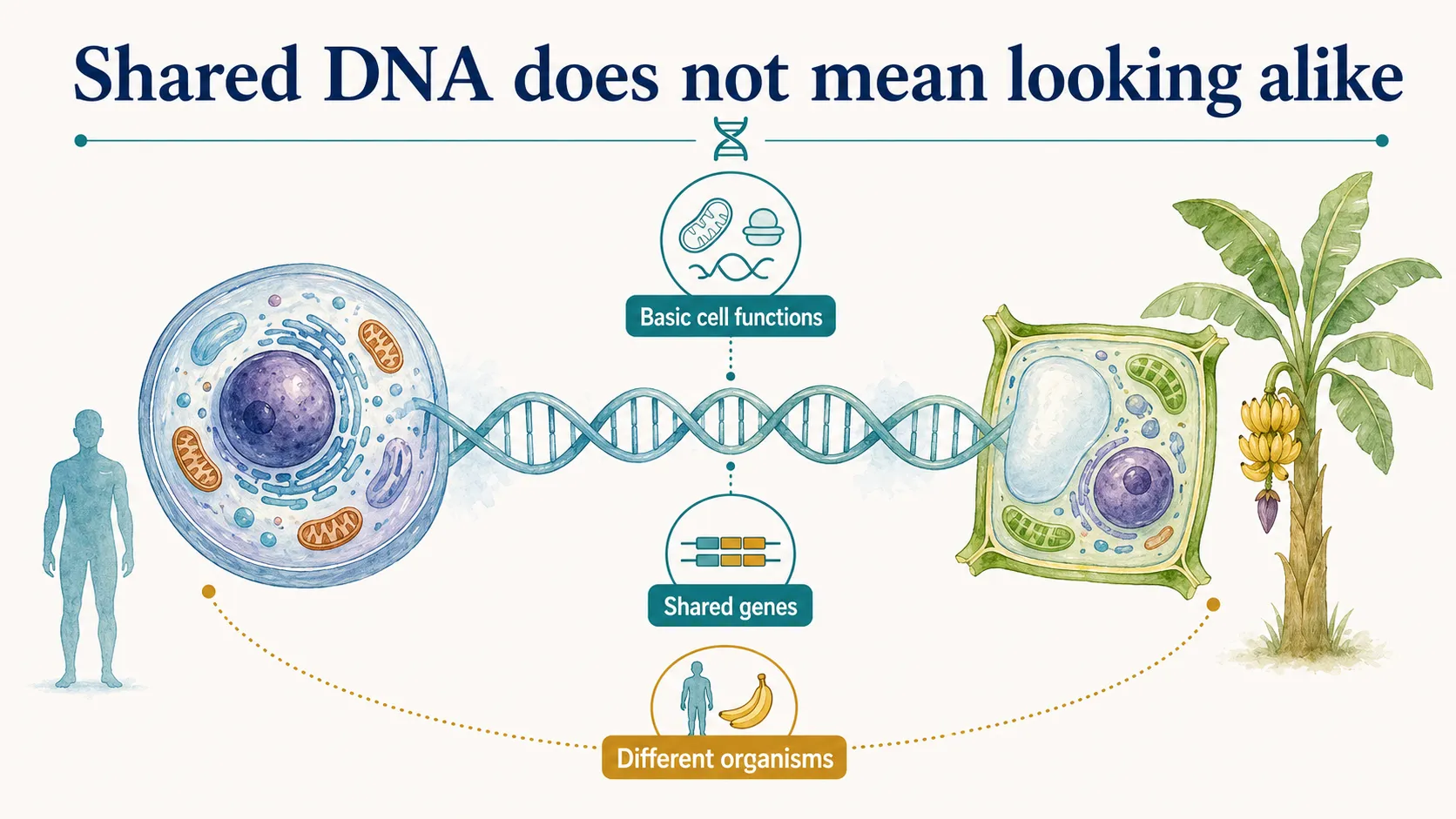 Human and banana DNA graphic showing shared genes for basic cell functions but different organisms.
