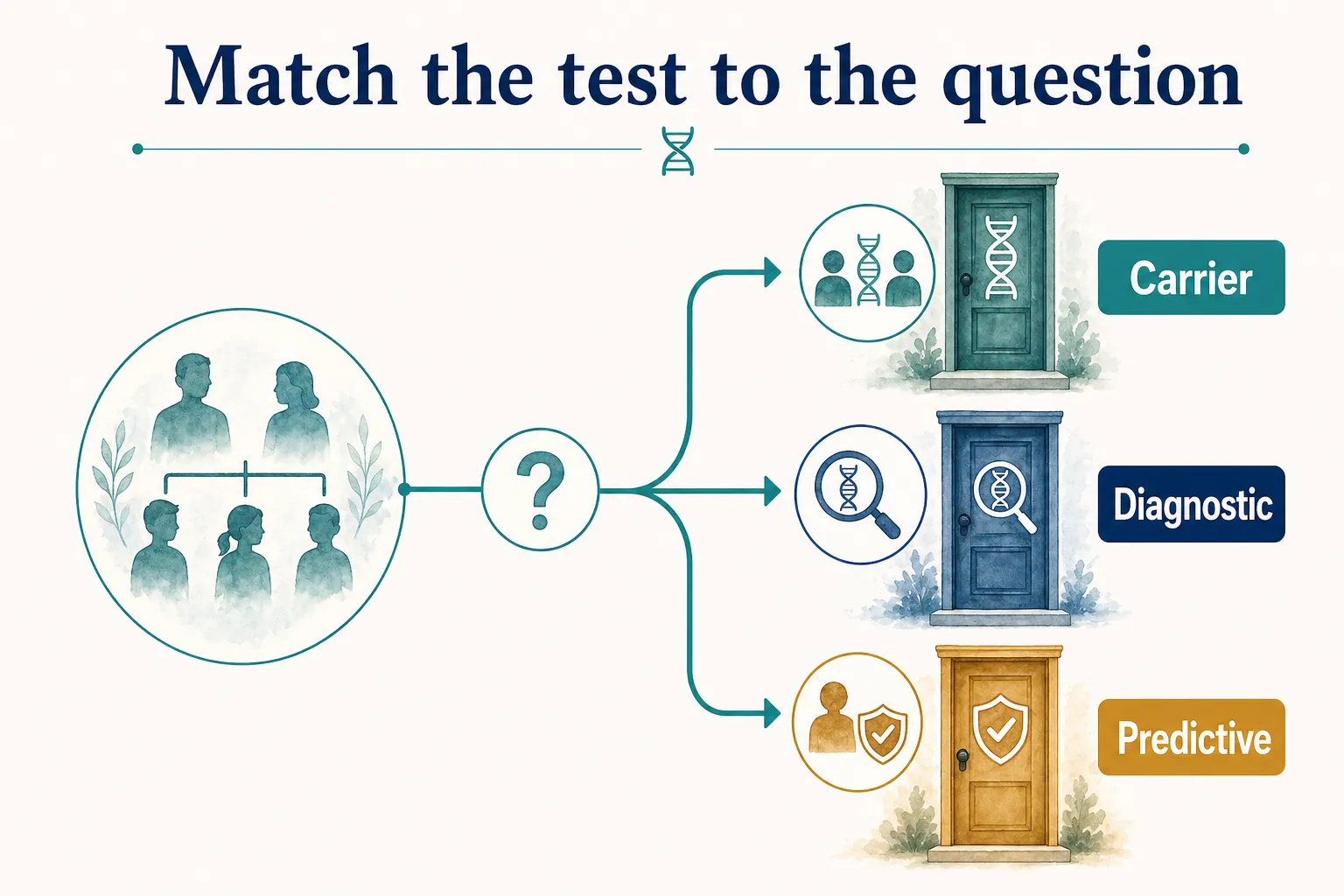 Genetic testing graphic showing carrier, diagnostic, and predictive tests matched to different questions.