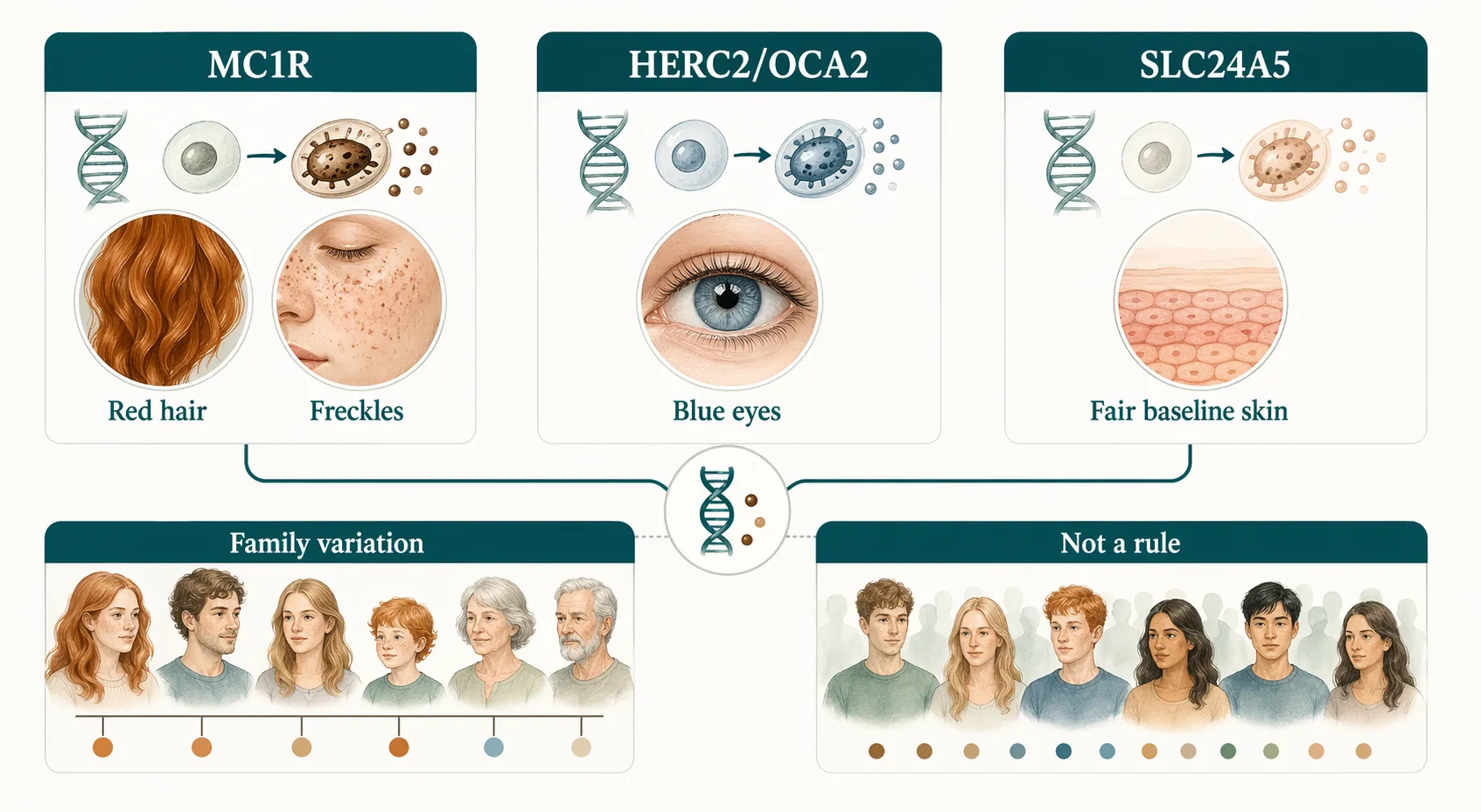 Genetics explainer showing MC1R, HERC2, OCA2, and SLC24A5 links to red hair, freckles, blue eyes, and fair baseline skin as tendencies rather than rules.