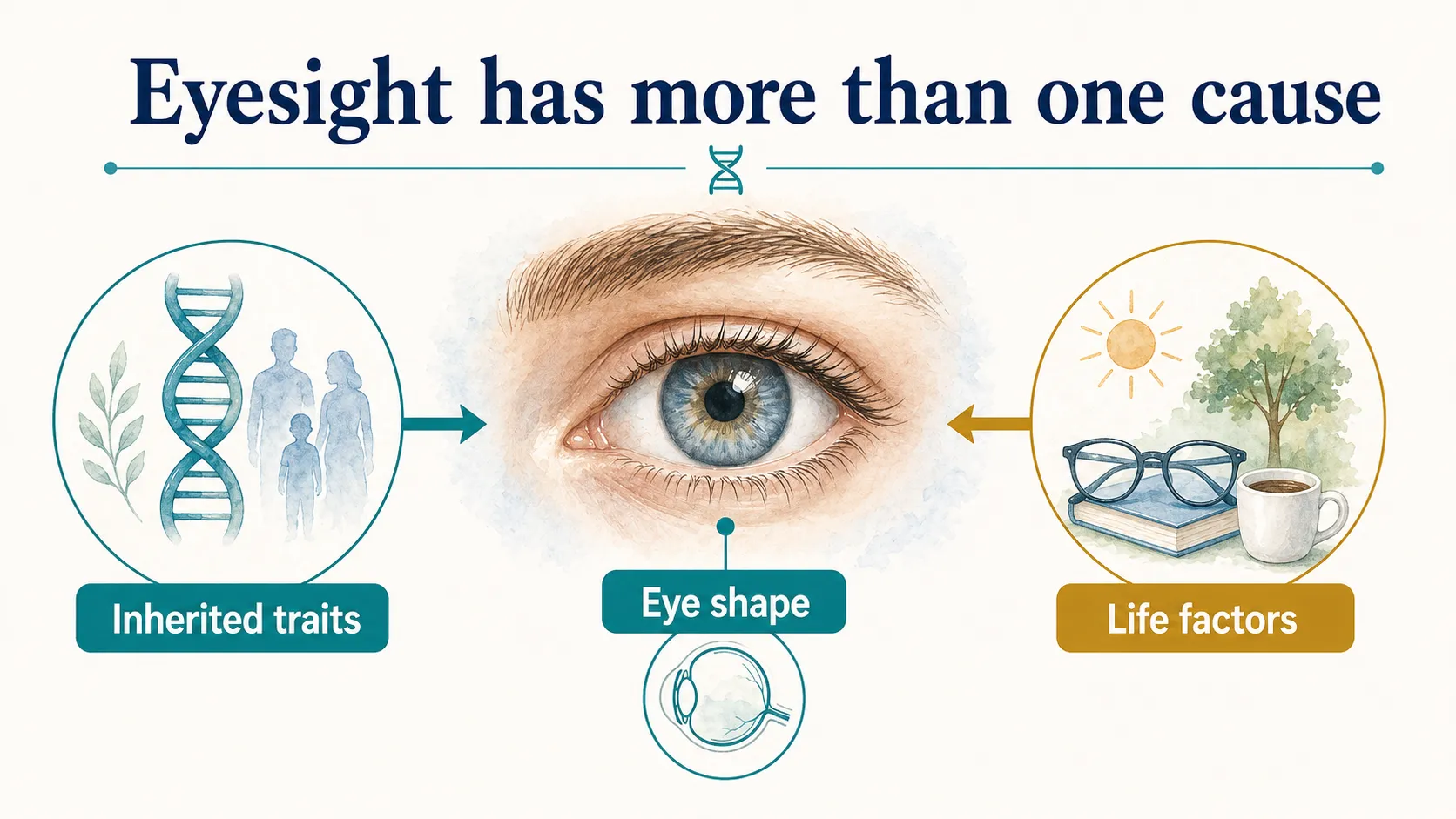 Eyesight genetics graphic showing inherited traits, life factors, and eye shape as causes.
