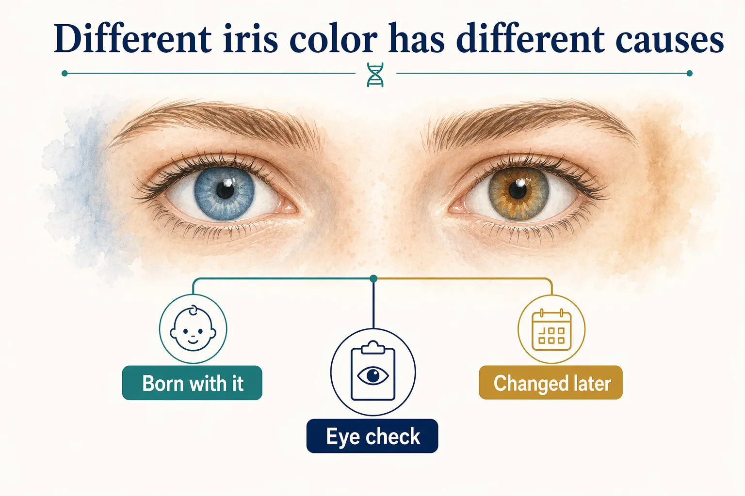 Heterochromia graphic showing different iris colors with born-with-it and changed-later causes.