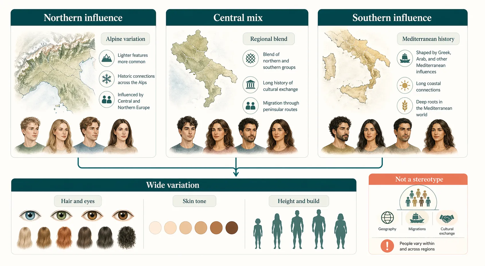 Regional variation explainer showing northern, central, and southern influences on Italian physical traits without reducing them to a stereotype.