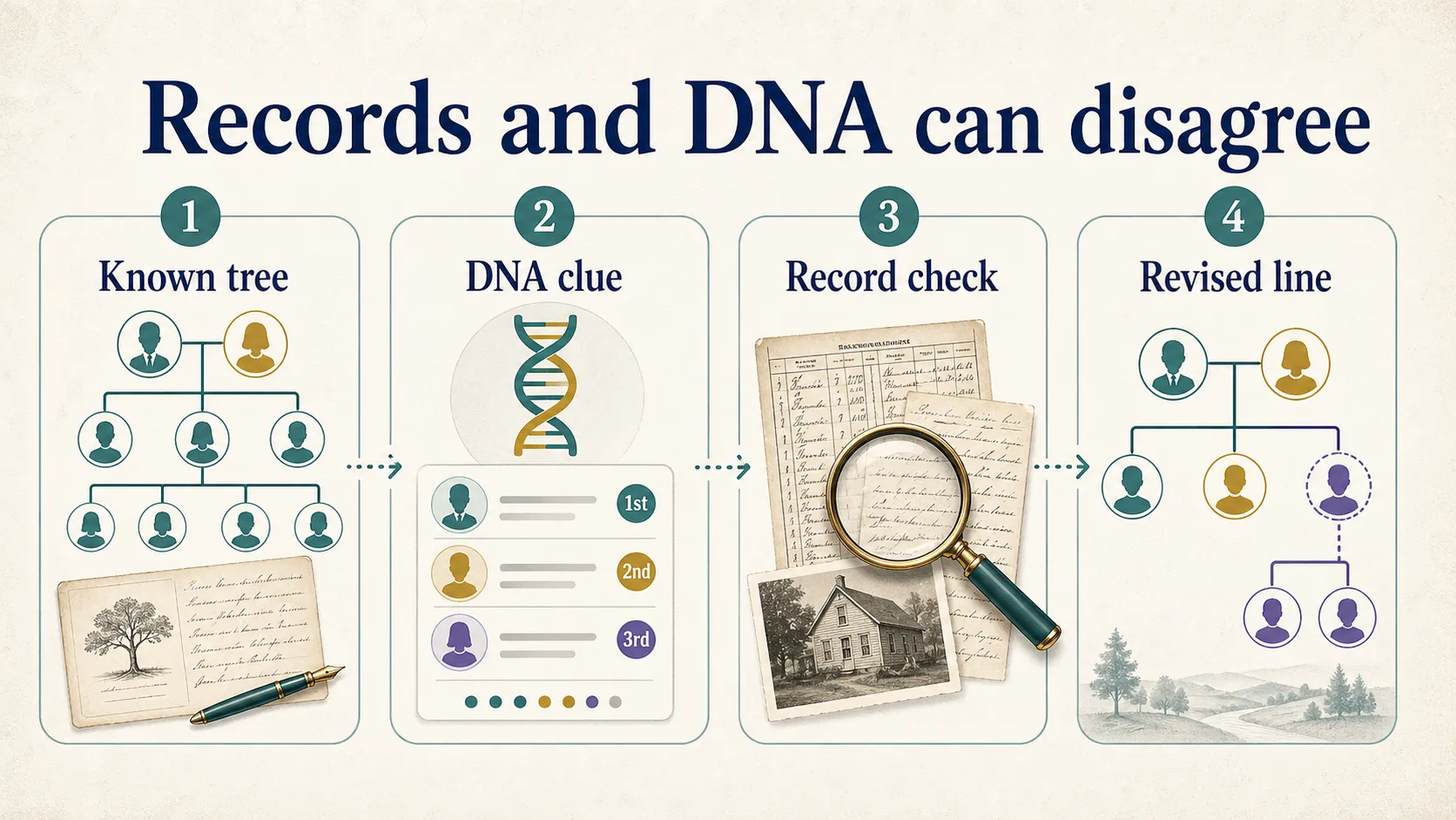 Genealogy graphic showing a known tree, DNA clue, record check, and revised family line.