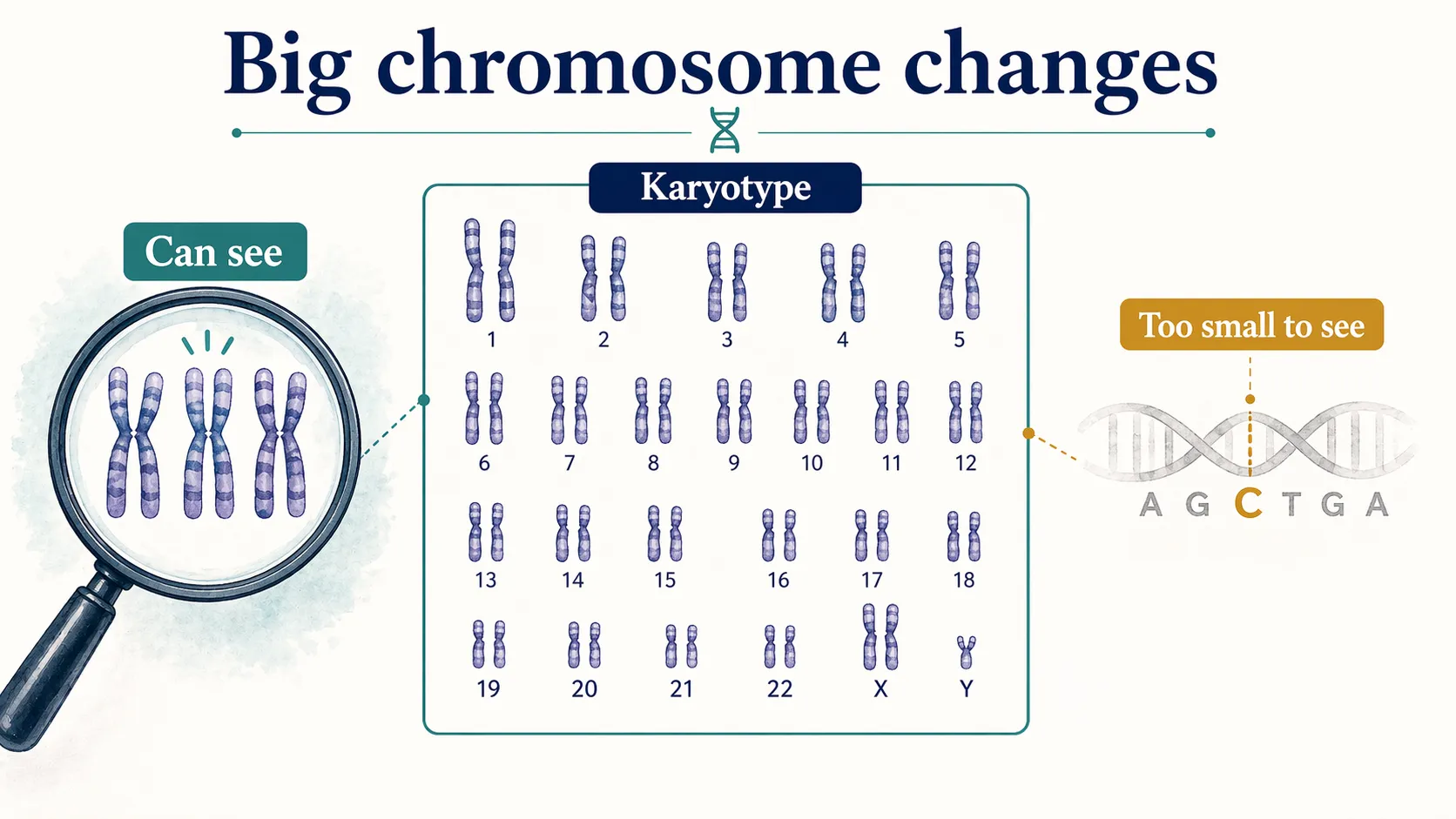 Karyotype graphic showing that large chromosome changes are visible while tiny DNA changes are too small to see.