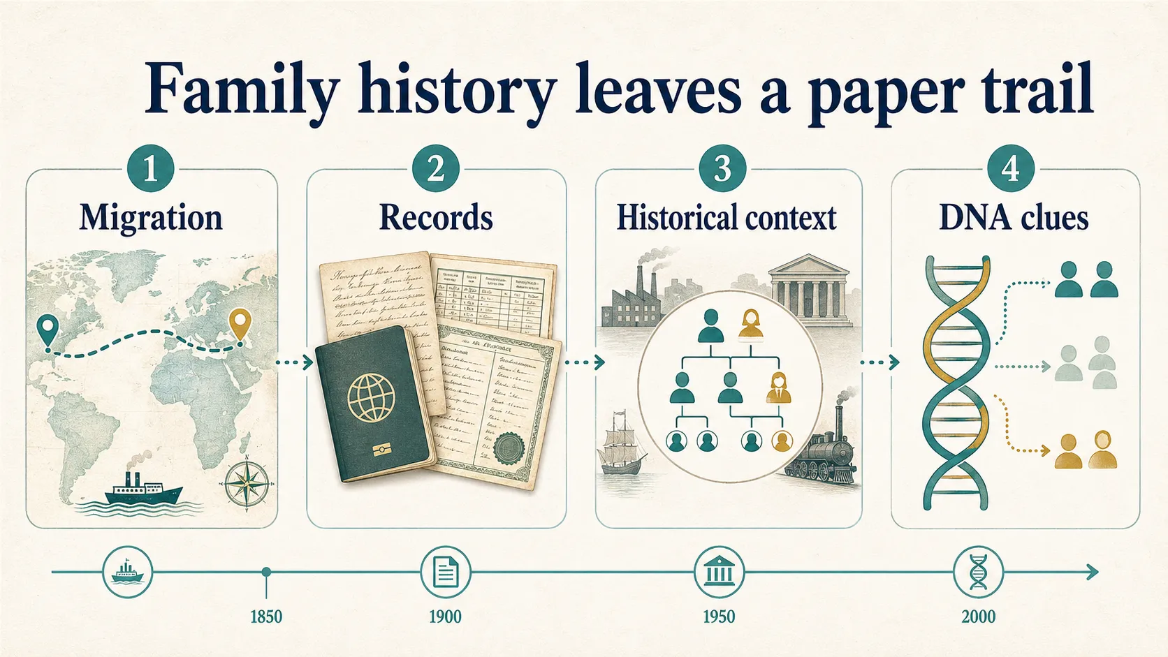 Genealogy graphic showing migration, records, historical context, and DNA clues as a family history trail.