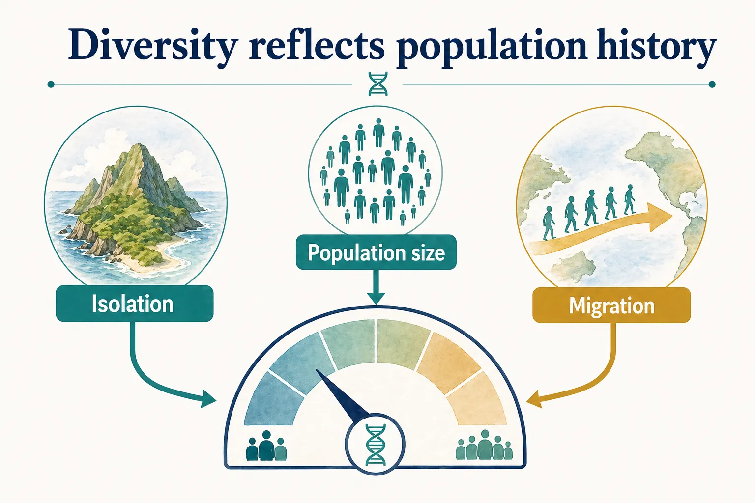 Population genetics graphic showing isolation, population size, and migration shaping genetic diversity.