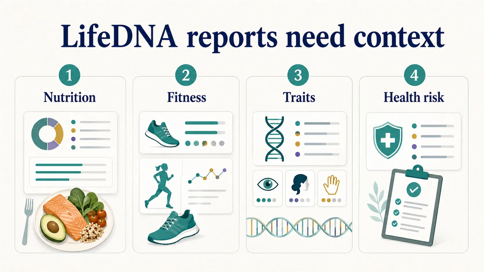 LifeDNA review graphic showing nutrition, fitness, traits, and health risk reports needing context.