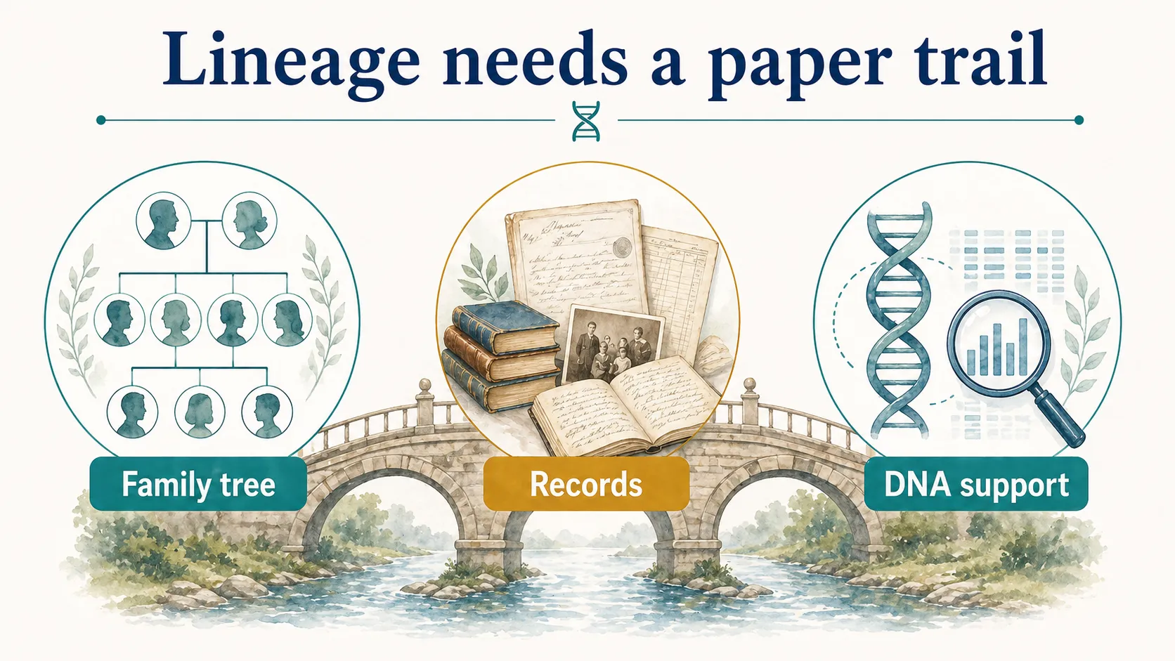 Lineage society graphic showing family tree, records, and DNA support as part of a paper trail.
