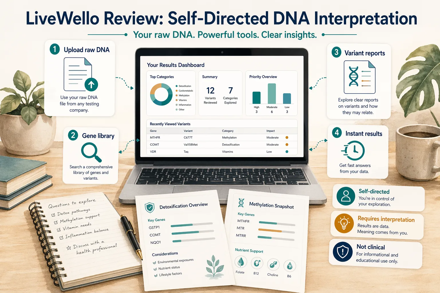 Raw DNA interpretation workspace showing upload, gene library search, variant reports, and self-directed results.